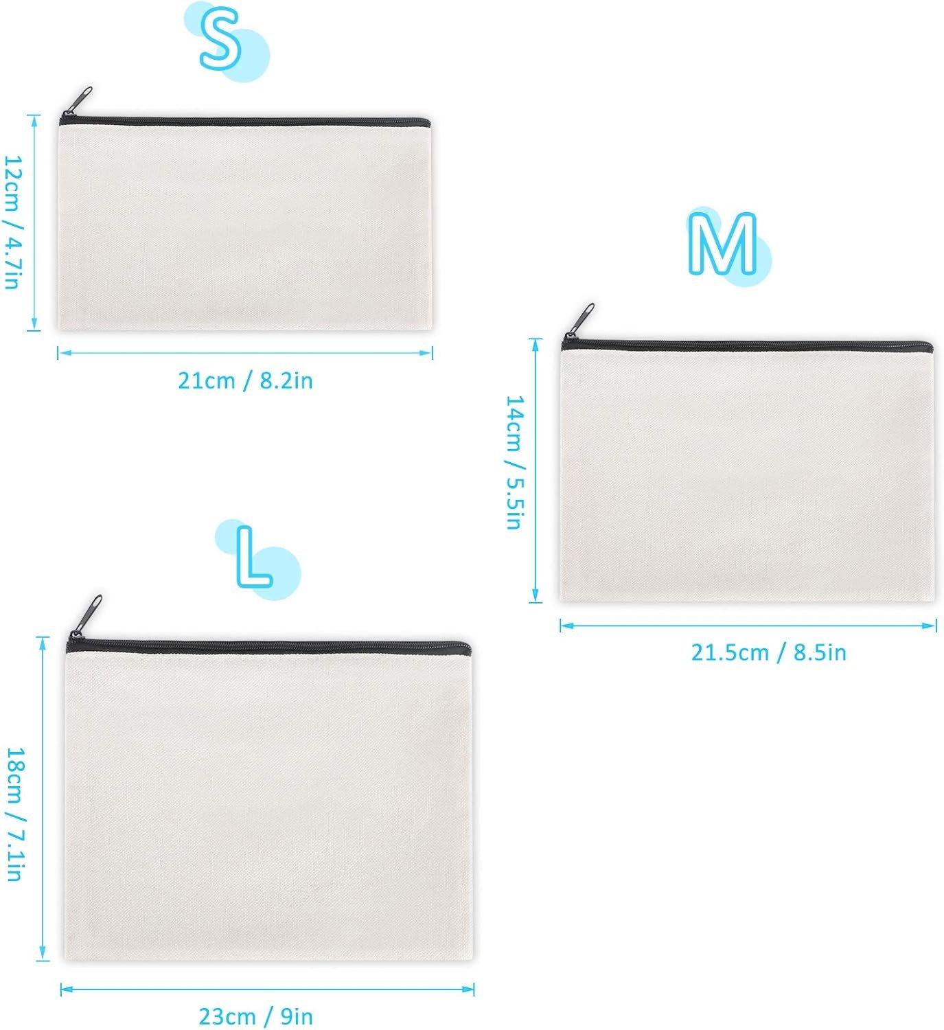 Custom Logo 12 Pieces Black Cotton Canvas Makeup Bags Private Label Multipurpose Zipper Travel Toiletry Pouches Blank DIY Craft Manufacturer (Black, M)