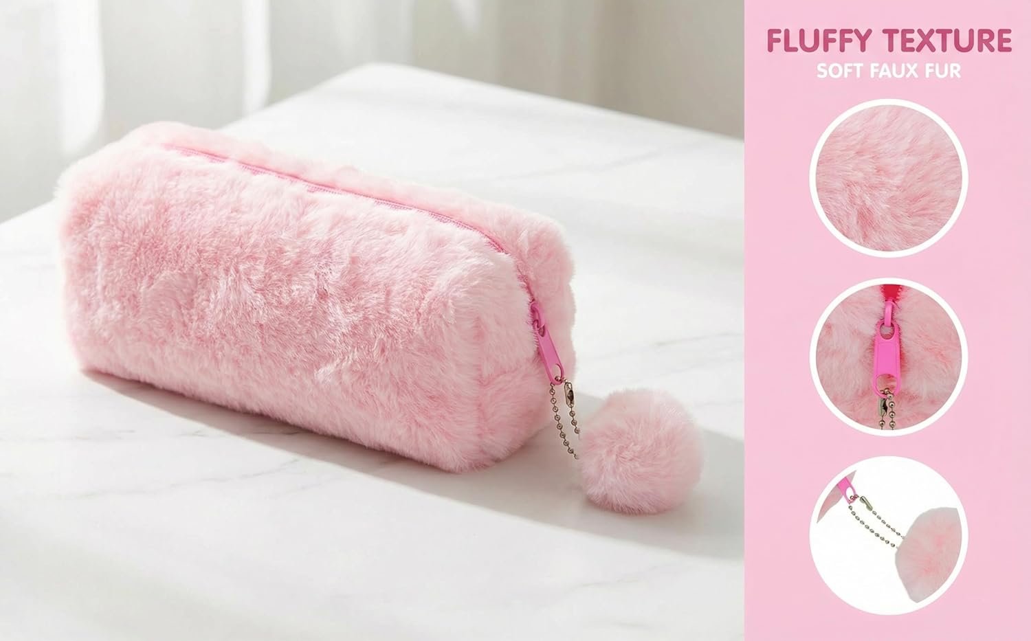 Private Label Cute Fluffy Faux Fur Pink Pencil Pouch Bag Pen Case, Soft Plush Organizer with Zipper Pom Pom Charm and Custom Logo, Kawaii Stationery Manufacturer for Girls