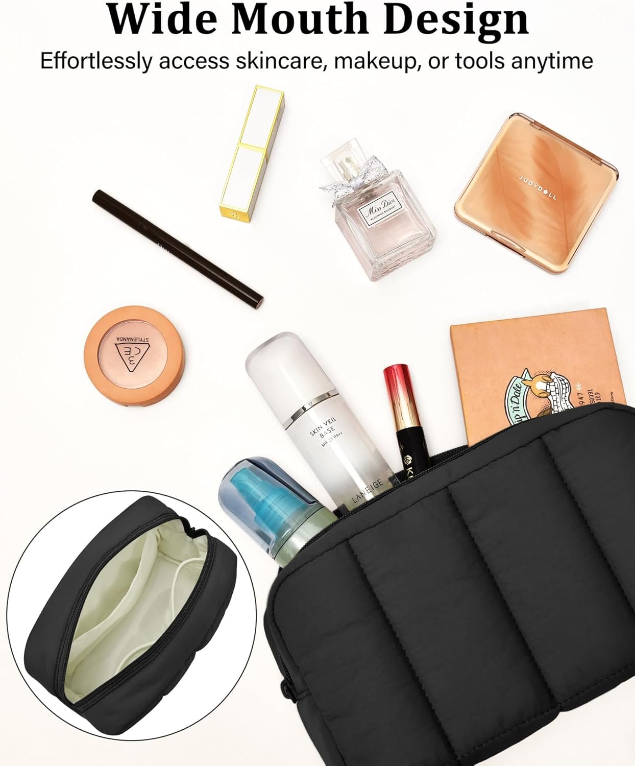 Custom Logo 2 Pcs Puffy Padded Makeup Travel Toiletry Bags for Women Private Label Wide-Open Cosmetic Organizer Pouches from Manufacturer