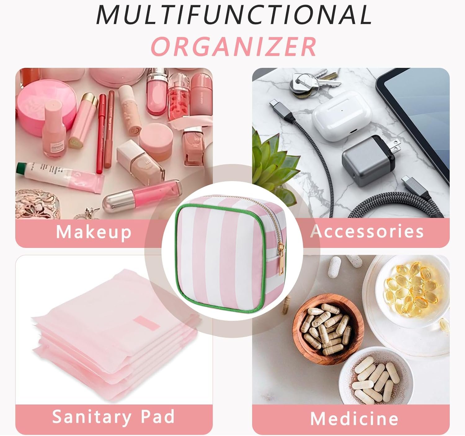 Private Label Small Stripe Mini Makeup Bag with Zipper for Purse, Custom Logo Key Pocket Lipstick Holder Card Data Cable Organizer Cosmetics Pouch Pink Stripes Manufacturer