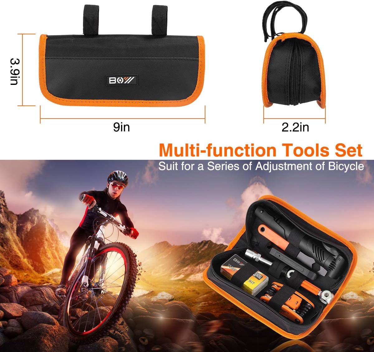 Custom Logo Bicycle Repair Bag with Tire Pump, Private Label Portable Tool Kit for Camping Travel Bike Glueless Patches All-in-One Manufacturer Safety Kit
