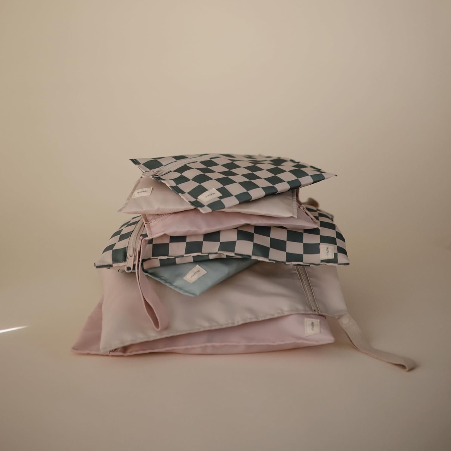 Private Label Water Resistant Wet Bags | Large & Small Reusable Storage Bag for Baby Items and Travel | Custom Logo Zippered Pockets with Handle | Machine Washable Set of 2 from Manufacturer (Olive Check)