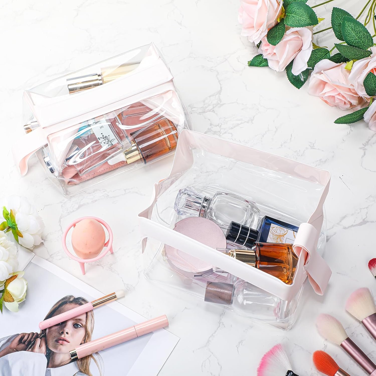 Private Label 2 Pcs TSA Approved Clear Travel Toiletry Bags with Magnetic Closure Manufacturer Custom Logo Light Pink Makeup Cosmetic Pouch for Men Women