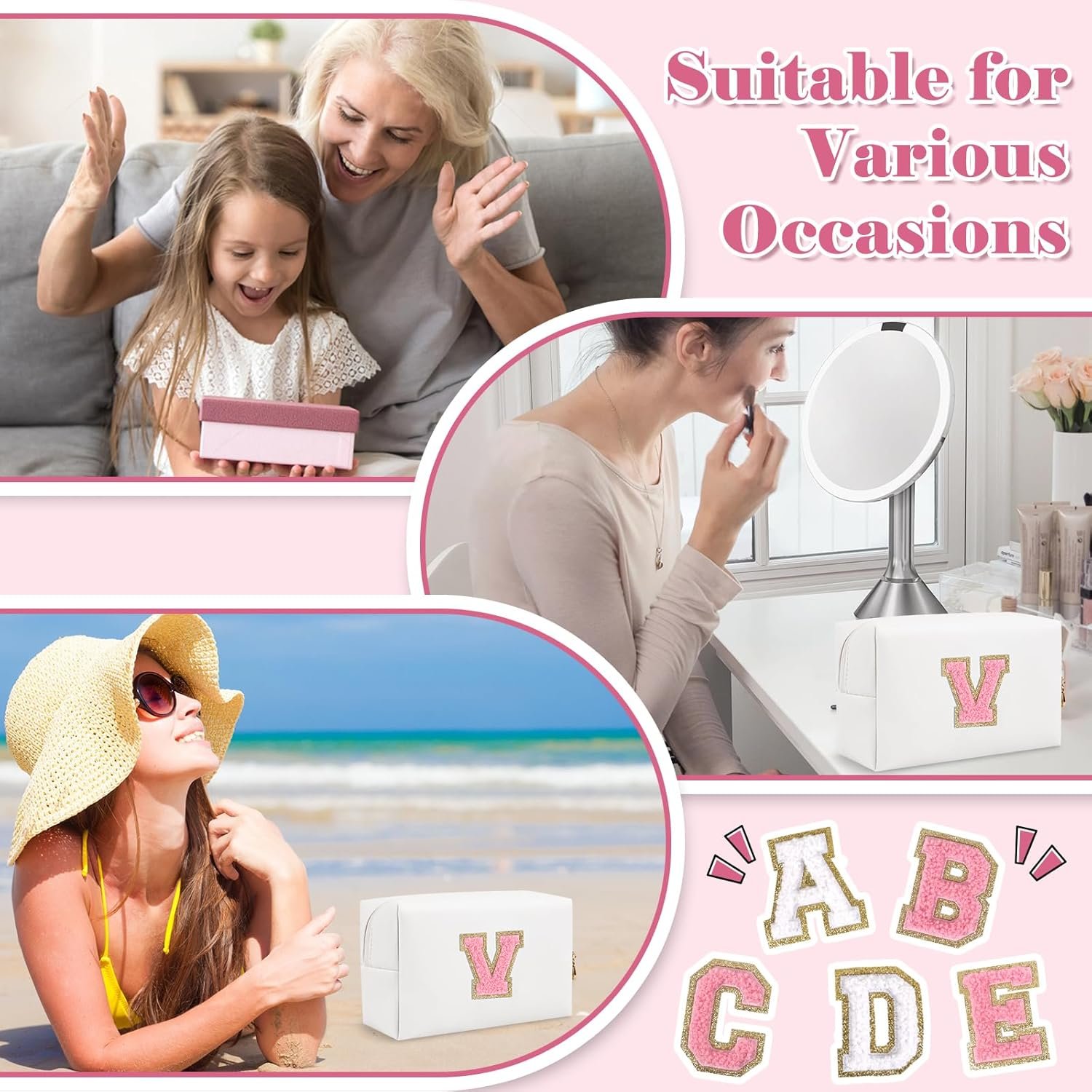 Private Label Personalized Initial A-Z Letter V Preppy Patch Makeup Bag with Custom Logo Small PU Leather Zipper Travel Cosmetic Pouch White Toiletry Manufacturer