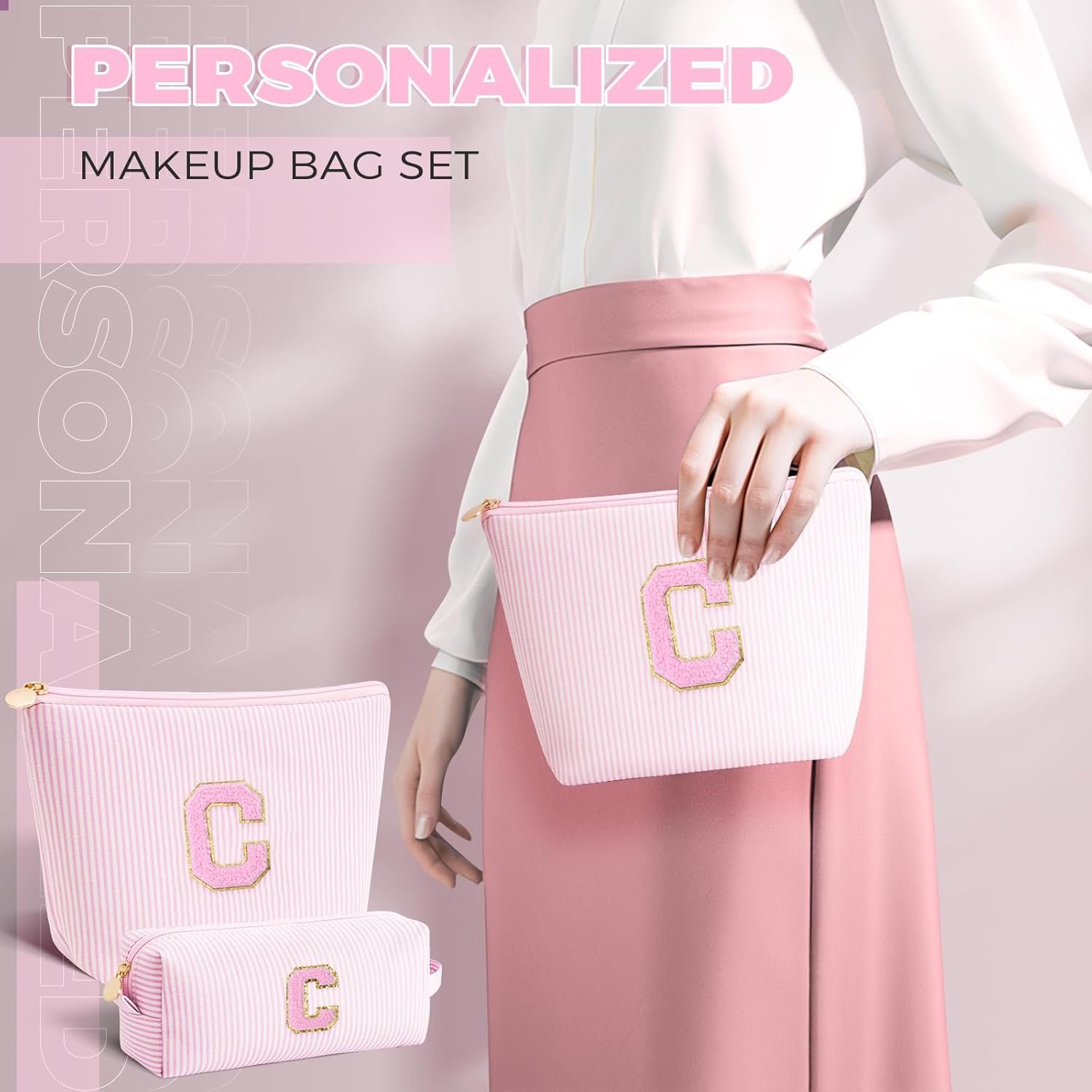 Private Label Birthday Gift Preppy Makeup Bag - Custom Logo Personalized Cute Pouch for Women Girlfriend Bridesmaid Wife Mom - Pink Travel Cosmetic Bag Manufacturer
