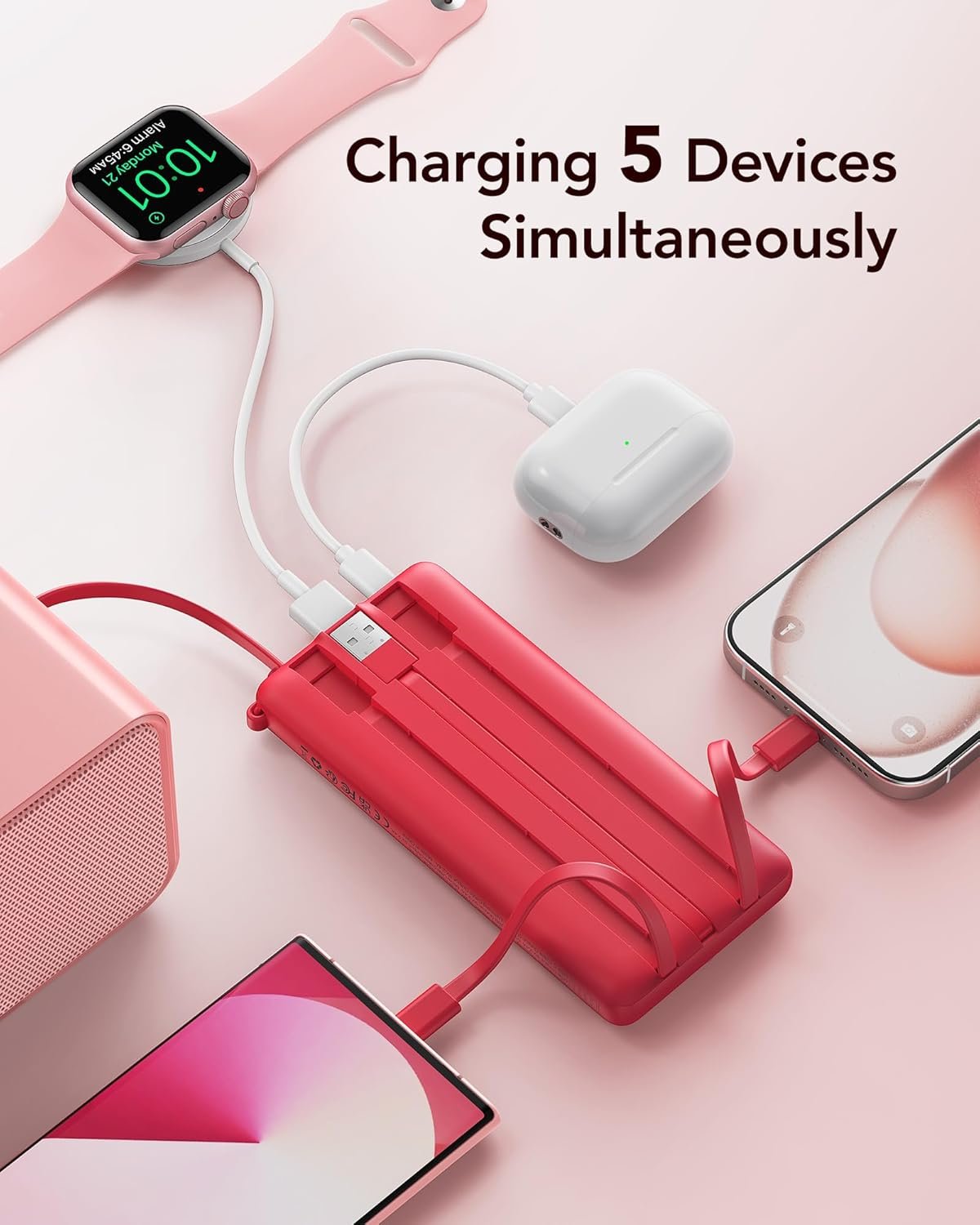 Private Label 10000mAh Portable Charger Manufacturer Power Bank Built-in Cables Slim Compact Travel Essential 5 Outputs 2 Inputs USB C Battery Pack for iPhone 17 16 15 14 13 Samsung Android Custom Logo -Magenta