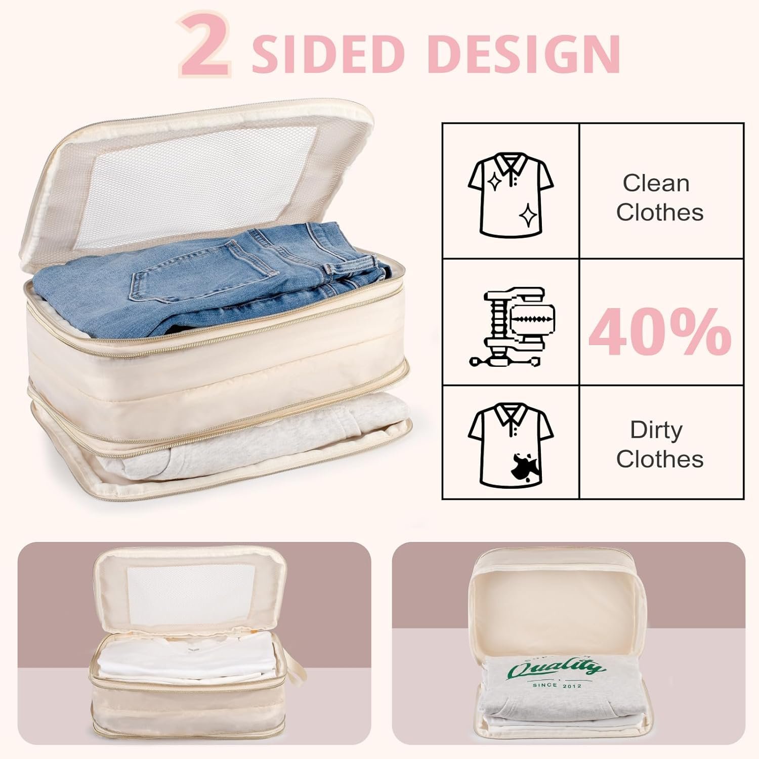 Private Label Expandable Double-Sided Compression Packing Cubes 3-Piece Set Lightweight Double Deck Organizer Bags for Carry-On Luggage Backpacks Suitcases Custom Logo Women Travel Accessories for Separating Clean and Dirty Clothes Manufacturer