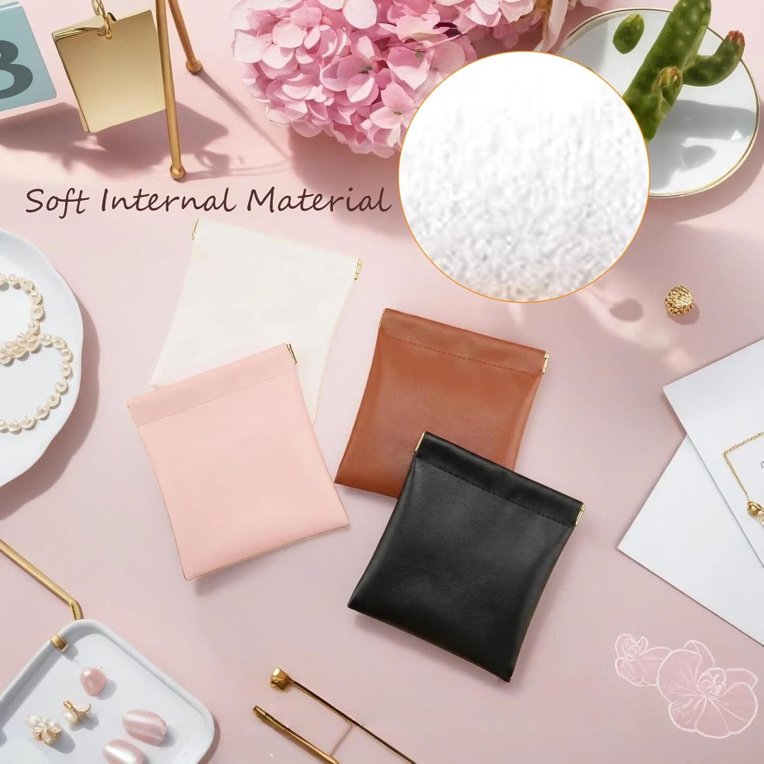 Private Label 4Pcs Small Lambskin Leather Cosmetic Makeup Coin Purse Organizer Pouches for Purse Custom Logo Snap Closure Waterproof Portable Lipstick Bags Manufacturer