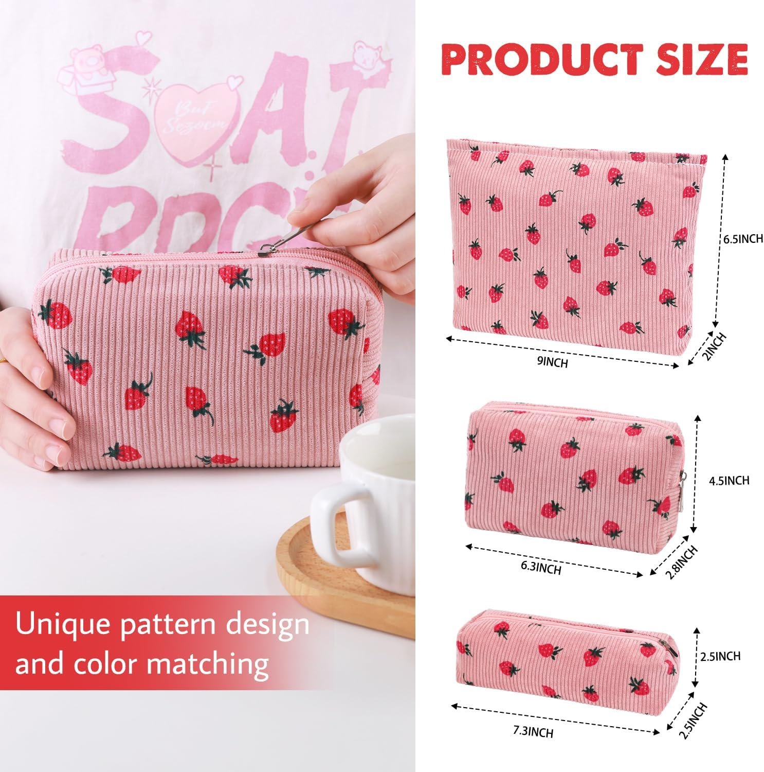 Private Label 3 Pcs Makeup Cosmetic Bag Set Travel Organizer Toiletry Pouch for Women Girls Custom Logo Large Capacity Bathroom Storage Manufacturer Strawberry Pink