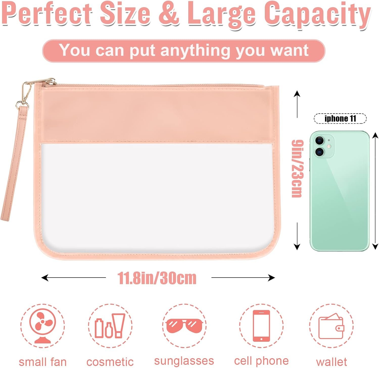 Custom Logo Clear PVC Zipper Pouch with Wristlet Private Label Waterproof Travel Makeup Toiletry Cosmetic Bag DIY Chenille Letters Pink Manufacturer