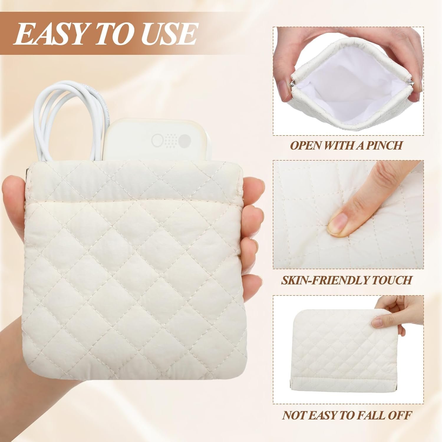 Manufacturer 2 Pcs Small Puffy Pocket Makeup Bag Quilted Cosmetic Bag Organizer for Women Custom Logo Padded Squeeze Coin Lipstick Purse Pouch Travel Self-Closing Snap Closure No Zipper Private Label White