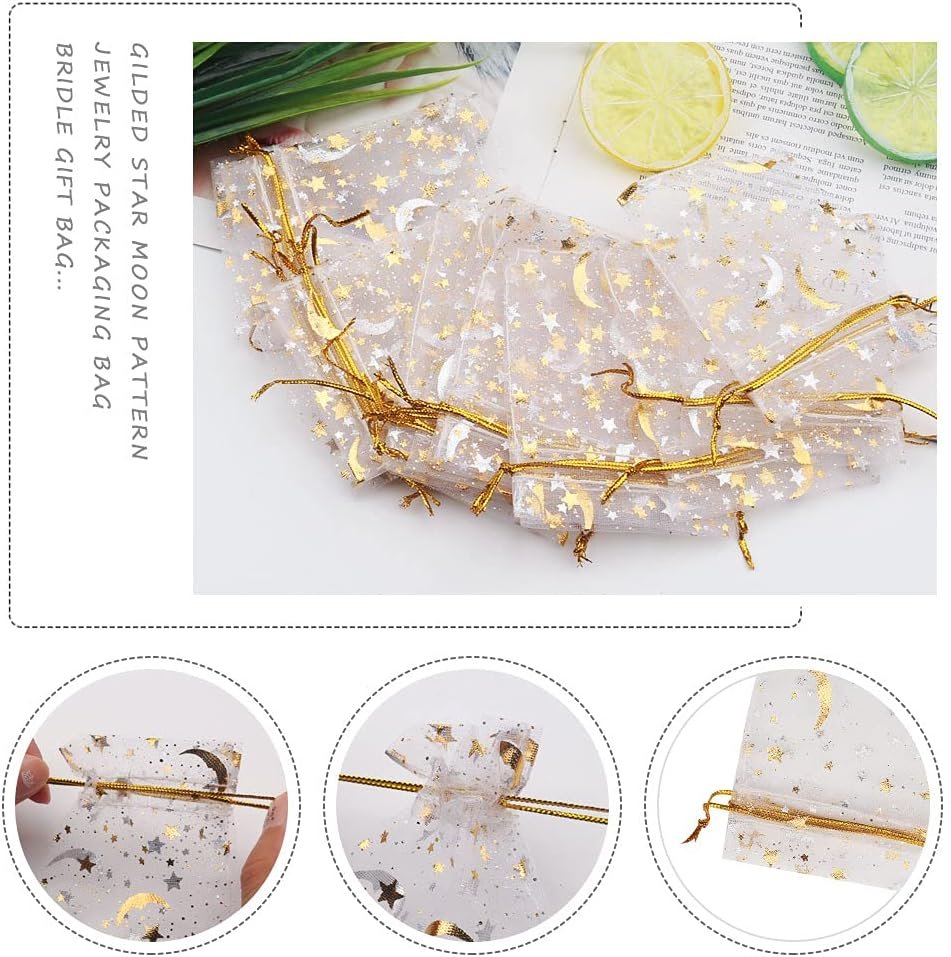 Custom Logo 100 Pieces 2.7x3.5 Inch Moon Star Organza Jewelry Candy Private Label Favor Bags Random Color Drawstring Pouches for Wedding Birthday Easter Party Manufacturer