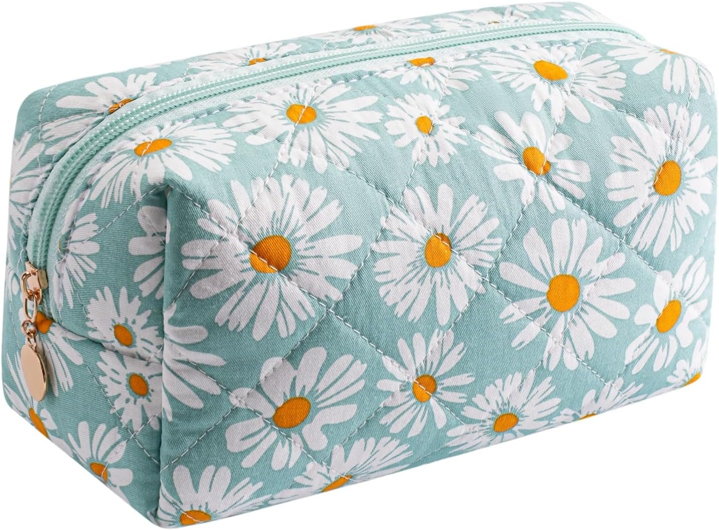 Private Label Small Cotton Quilted Daisy Floral Makeup Bag Custom Logo Cosmetic Travel Pouch Toiletry Organizer Supplier Green