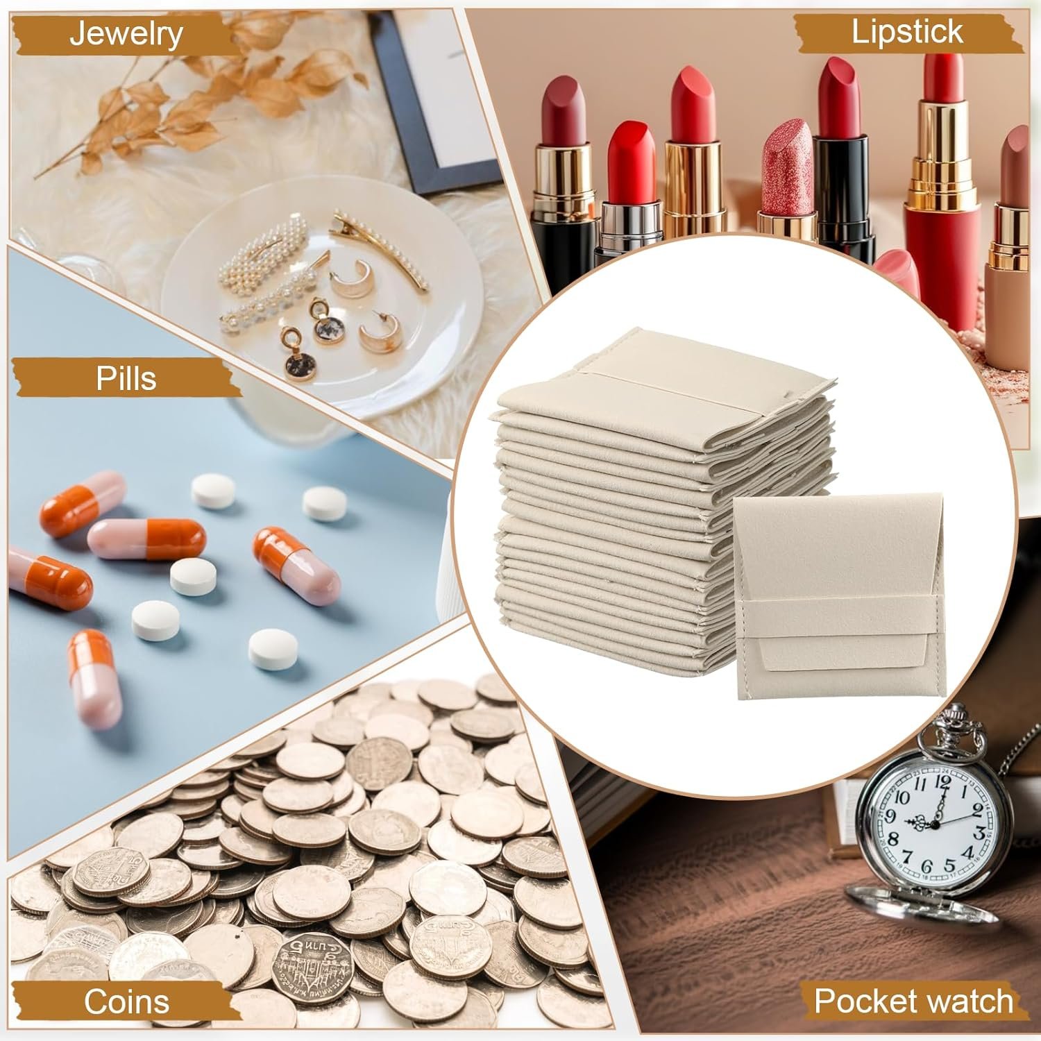 Custom Logo 100 Pcs 8x8cm Microfiber Jewelry Pouches Private Label Luxury Envelope Style Gift Bags with Cleaning Cloth Fixed Strap Divider for Bracelets Necklaces Beige Manufacturer