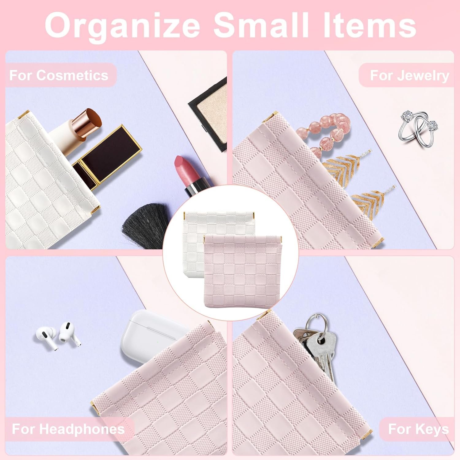 Private Label 4PCS Small Makeup Bag for Purse Mini Leather Pocket Cosmetic Bag for Women Custom Logo Waterproof Portable Makeup Pouch No Zipper Coin Purse Lipstick Bag Accessories Checkered Travel Storage Bag Manufacturer White Pink