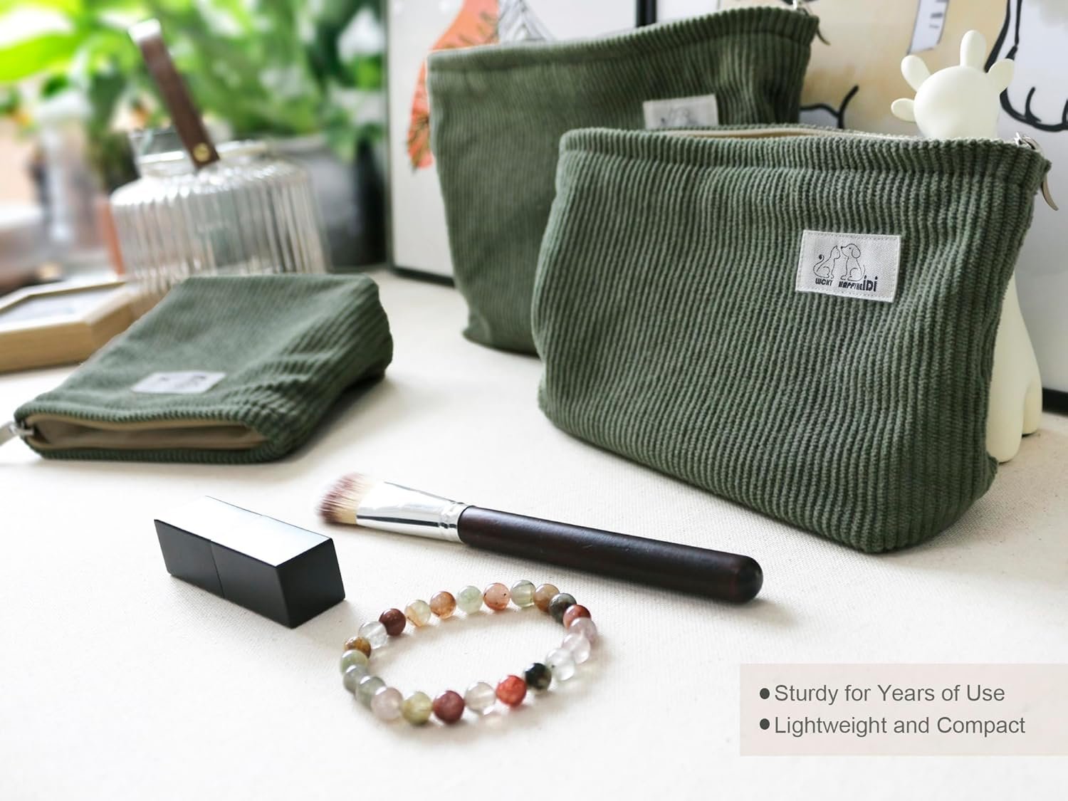 Custom Logo Corduroy Makeup Bag Set 3 Private Label Cosmetic Toiletry Travel Pouch Organizer Large Medium Small Solid Sage Green Manufacturer