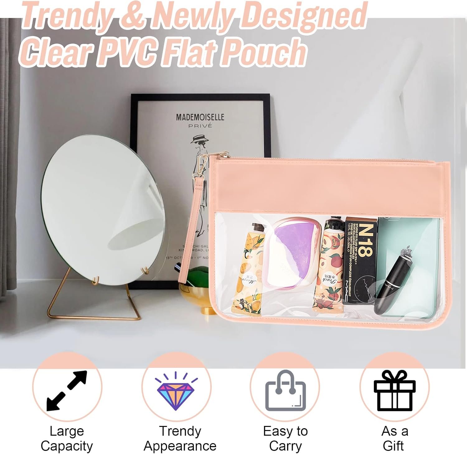 Custom Logo Clear PVC Zipper Pouch with Wristlet Private Label Waterproof Travel Makeup Toiletry Cosmetic Bag DIY Chenille Letters Pink Manufacturer