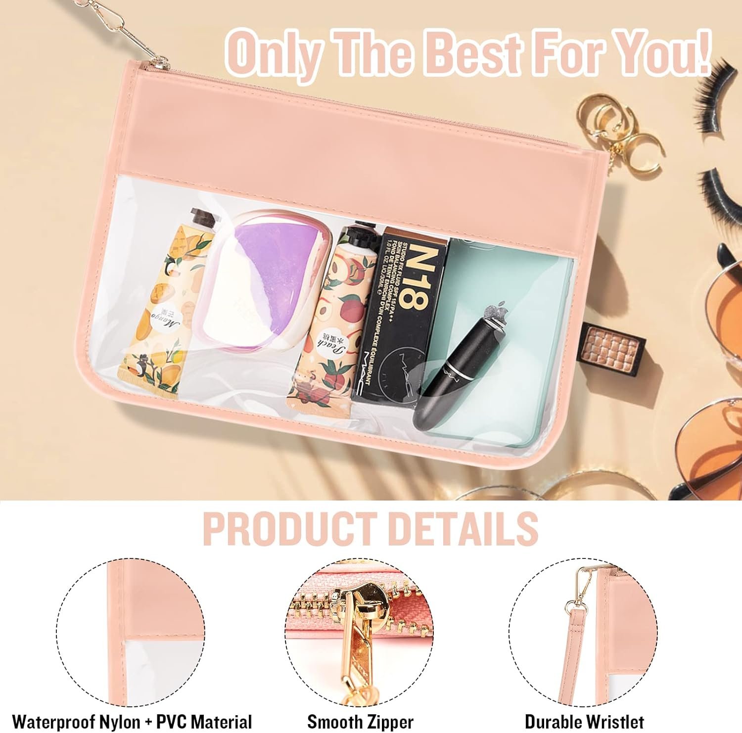 Custom Logo Clear PVC Zipper Pouch with Wristlet Private Label Waterproof Travel Makeup Toiletry Cosmetic Bag DIY Chenille Letters Pink Manufacturer