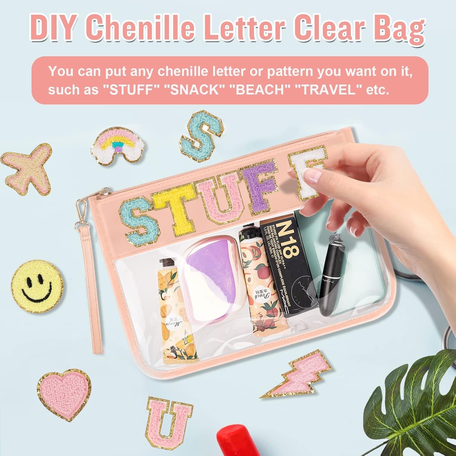 Custom Logo Clear PVC Zipper Pouch with Wristlet Private Label Waterproof Travel Makeup Toiletry Cosmetic Bag DIY Chenille Letters Pink Manufacturer