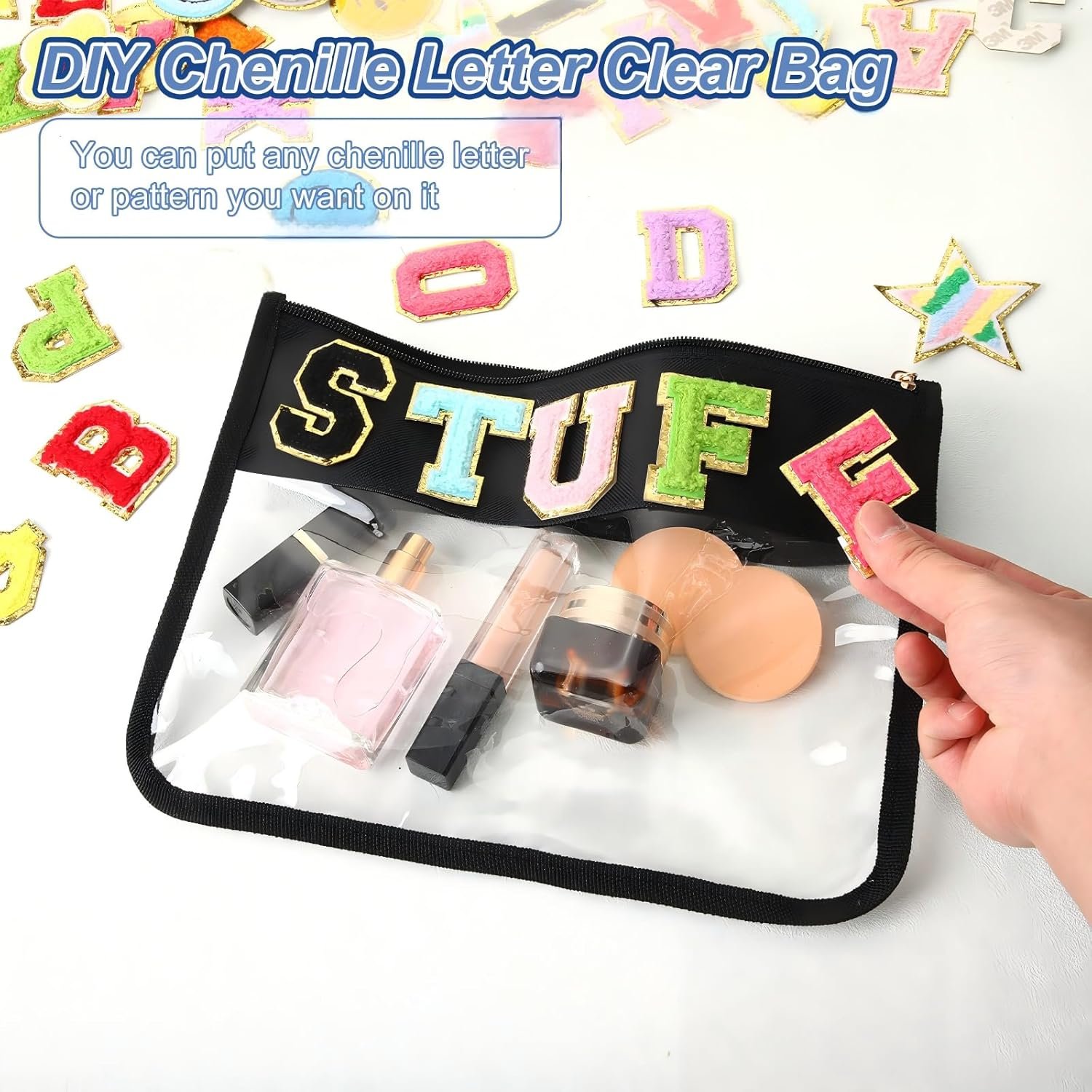 Private Label 8 Pieces Clear Zipper Makeup Pouches DIY Chenille Letter PVC Oxford Cloth Travel Portable Waterproof Cosmetic Toiletry Snack Organizer with Custom Logo Black Manufacturer