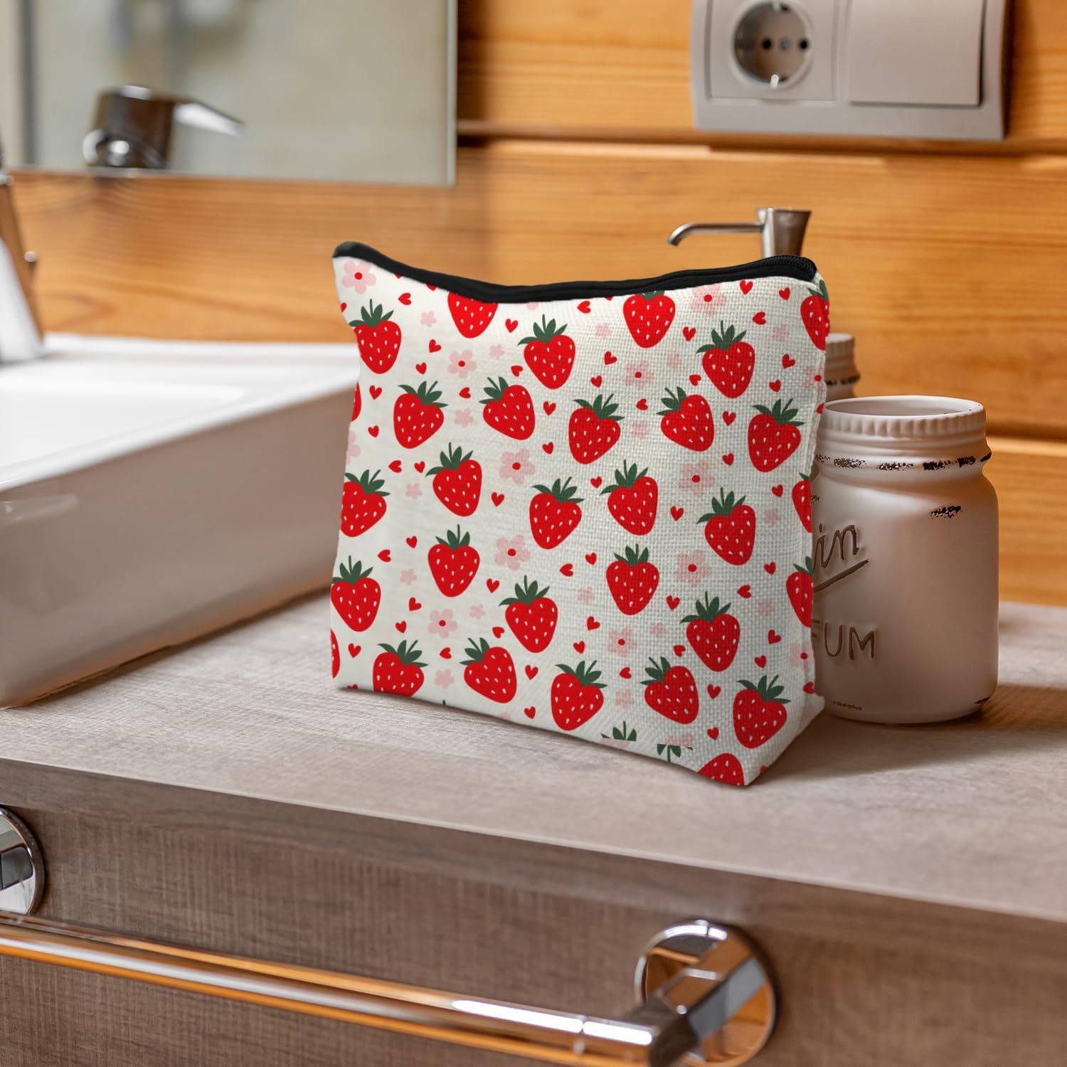 Custom Logo Cute Red Strawberry Makeup Bag Portable Cosmetic Zipper Pouch Private Label Toiletry Bag for Purse Gifts for Women Girls Manufacturer