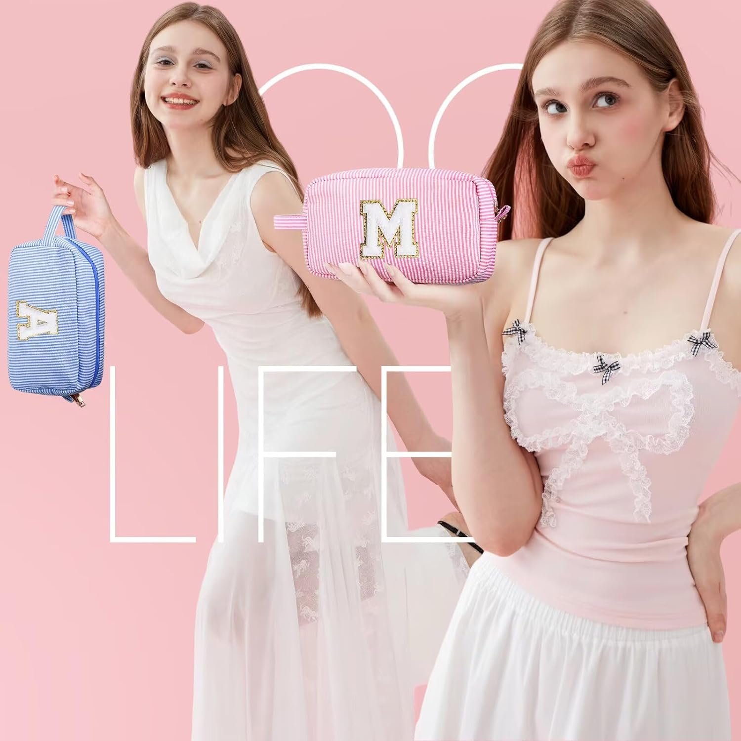 Private Label Initial Makeup Bag Cosmetic Toiletry Pouch - Custom Logo Personalized Birthday Gifts for Women Teen Girls Kids Mom Daughter Sister Friends - Pink M Manufacturer