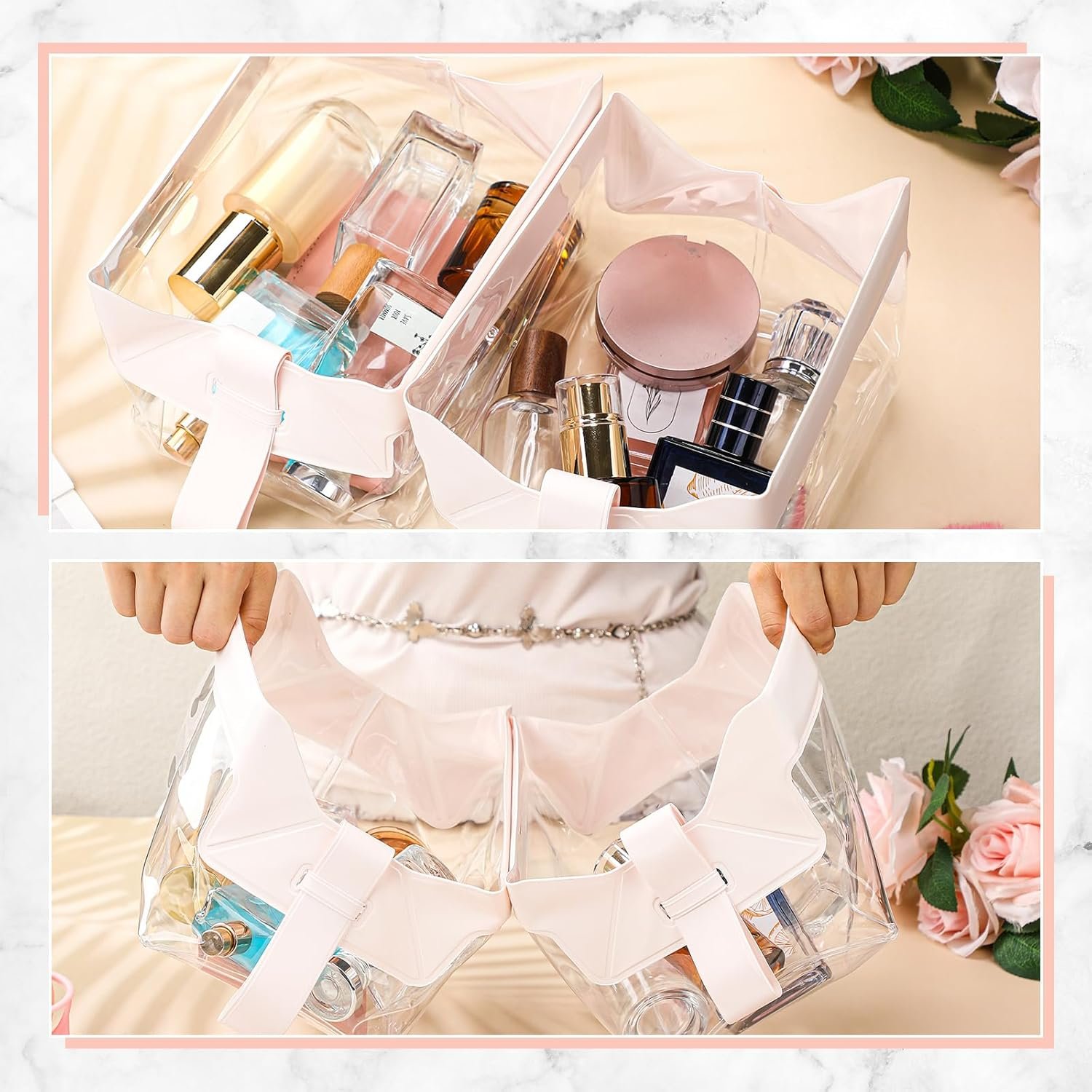 Private Label 2 Pcs TSA Approved Clear Travel Toiletry Bags with Magnetic Closure Manufacturer Custom Logo Light Pink Makeup Cosmetic Pouch for Men Women