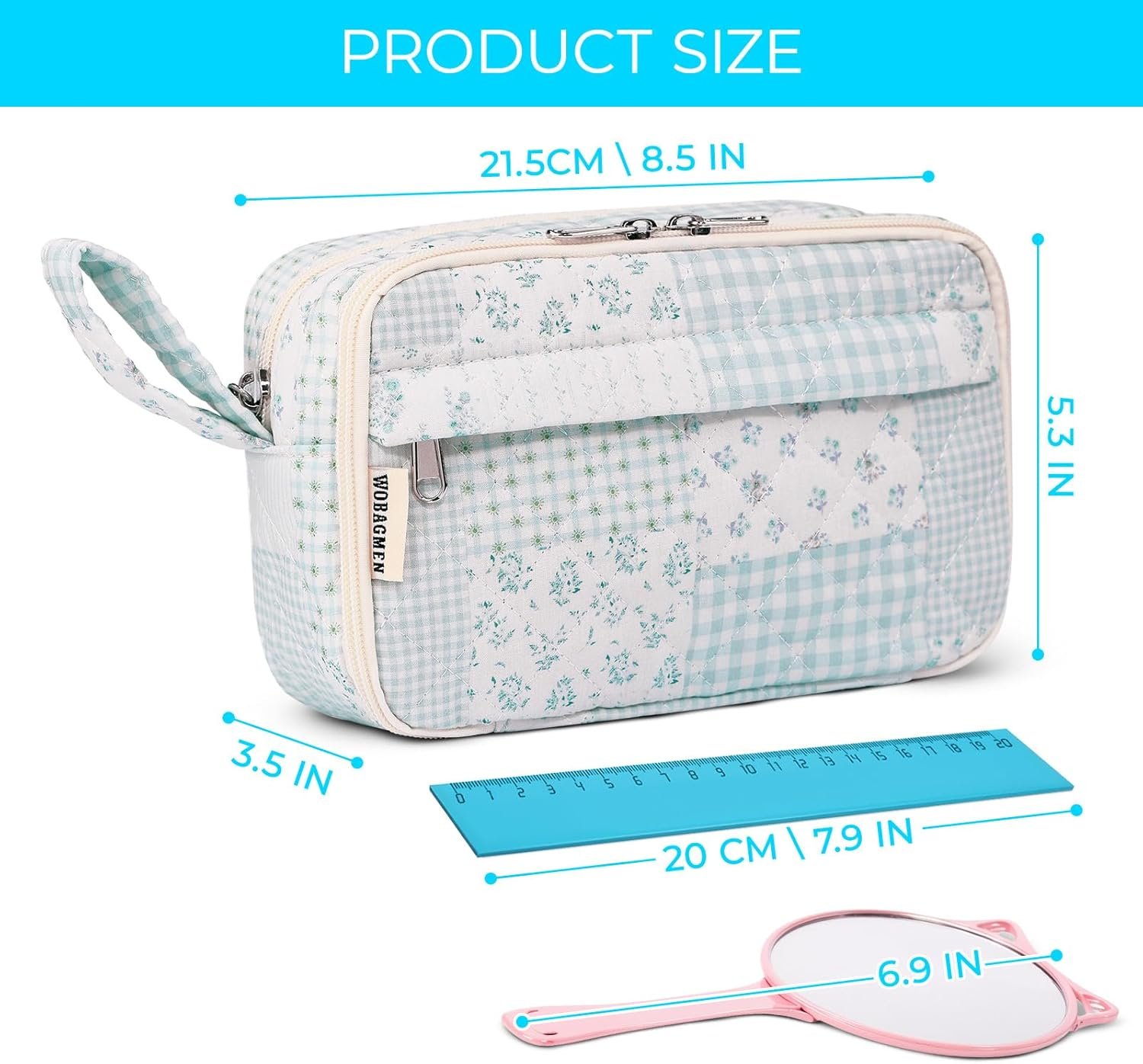 Private Label Large Quilted Pencil Pouch for Girls Women with Custom Logo Compartments Cute Aesthetic Floral Pencil Case Organizer Manufacturer for School Supplies (Green Blue Pin)