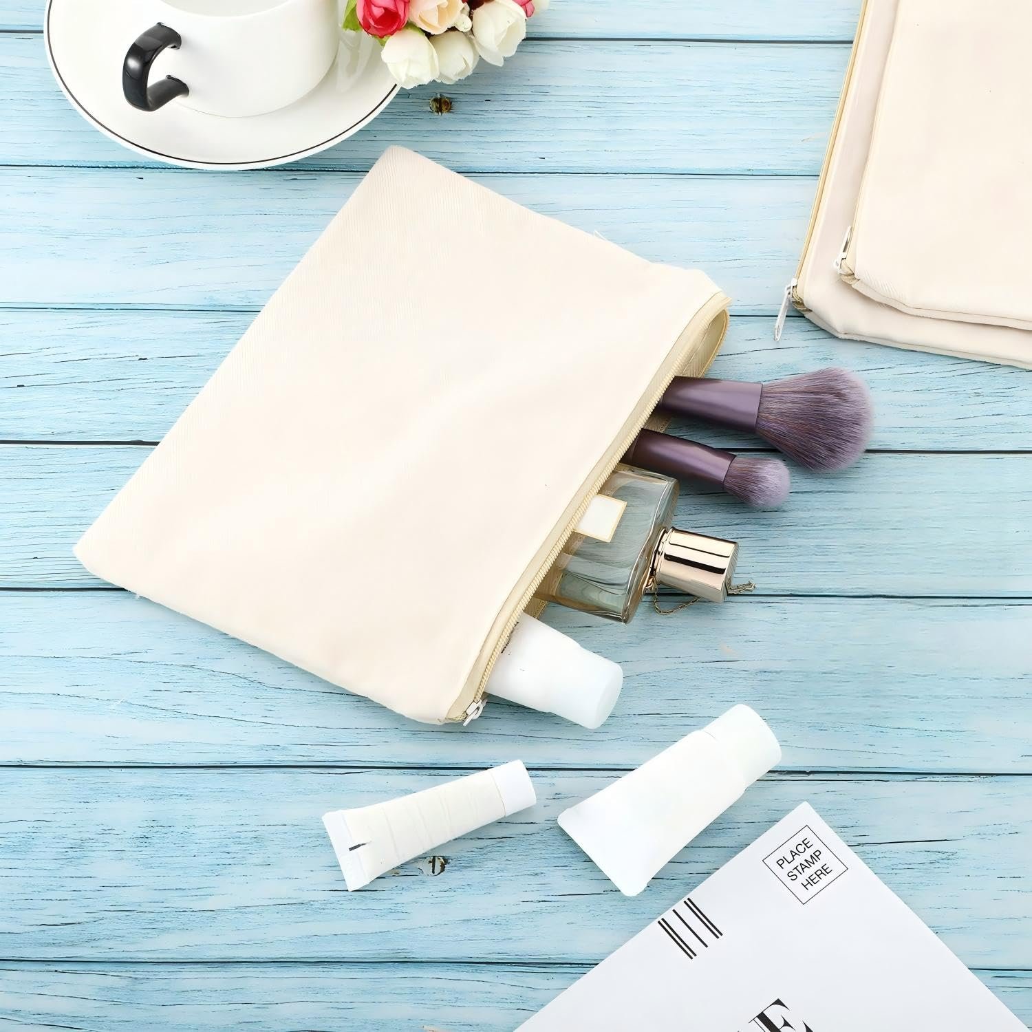 Private Label 16 Pack Blank Canvas Zipper Pouches Bulk Plain Cosmetic Makeup Bags for Sublimation DIY Crafts Custom Logo Multipurpose Travel Toiletry Stationery Storage Organizers (M,Beige) Manufacturer