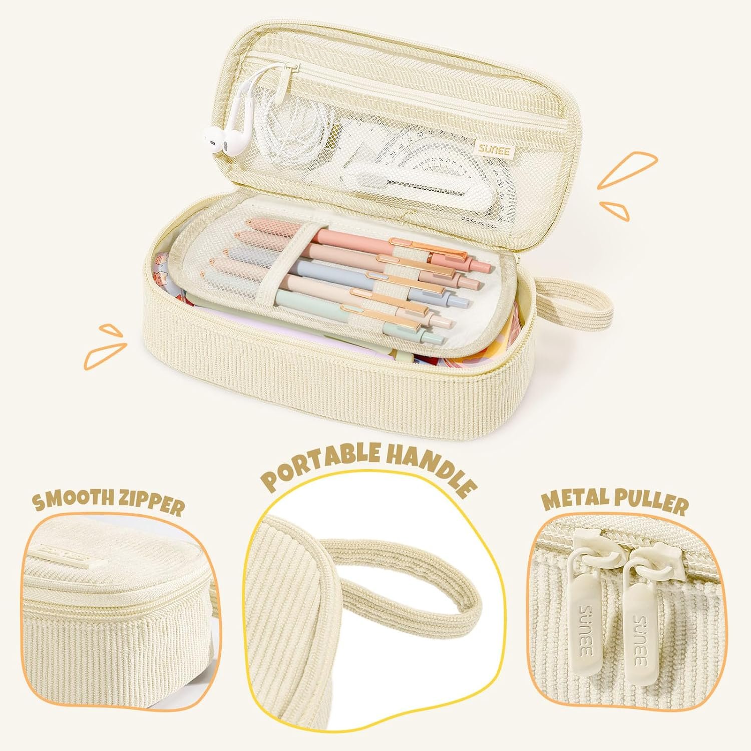 Custom Logo Cute Large Capacity Pencil Case Aesthetic Zipper Pencil Pouch Big Storage Soft Corduroy Pen Organizer Private Label Back to School Supplies for Teen Girls Boys Beige Supplier