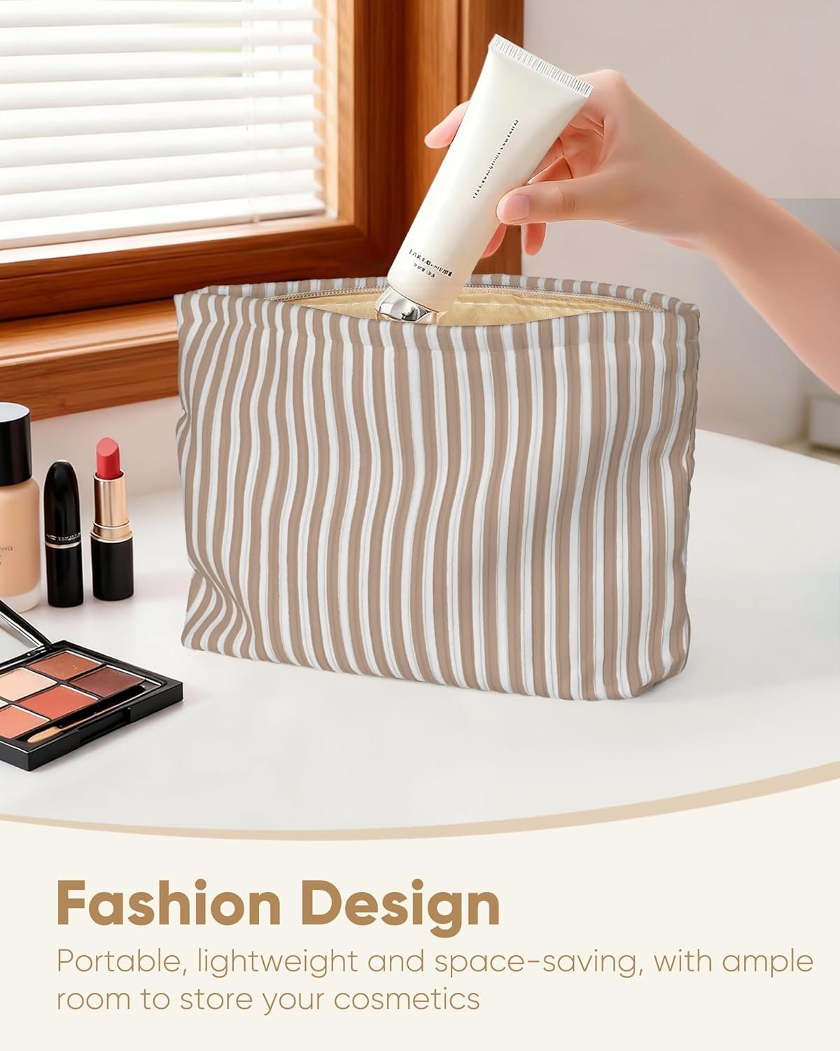 Private Label Cute Brown Beige Vertical Striped Small Makeup Pouch Manufacturer for Women Zipper Cosmetic Travel Toiletry Custom Logo