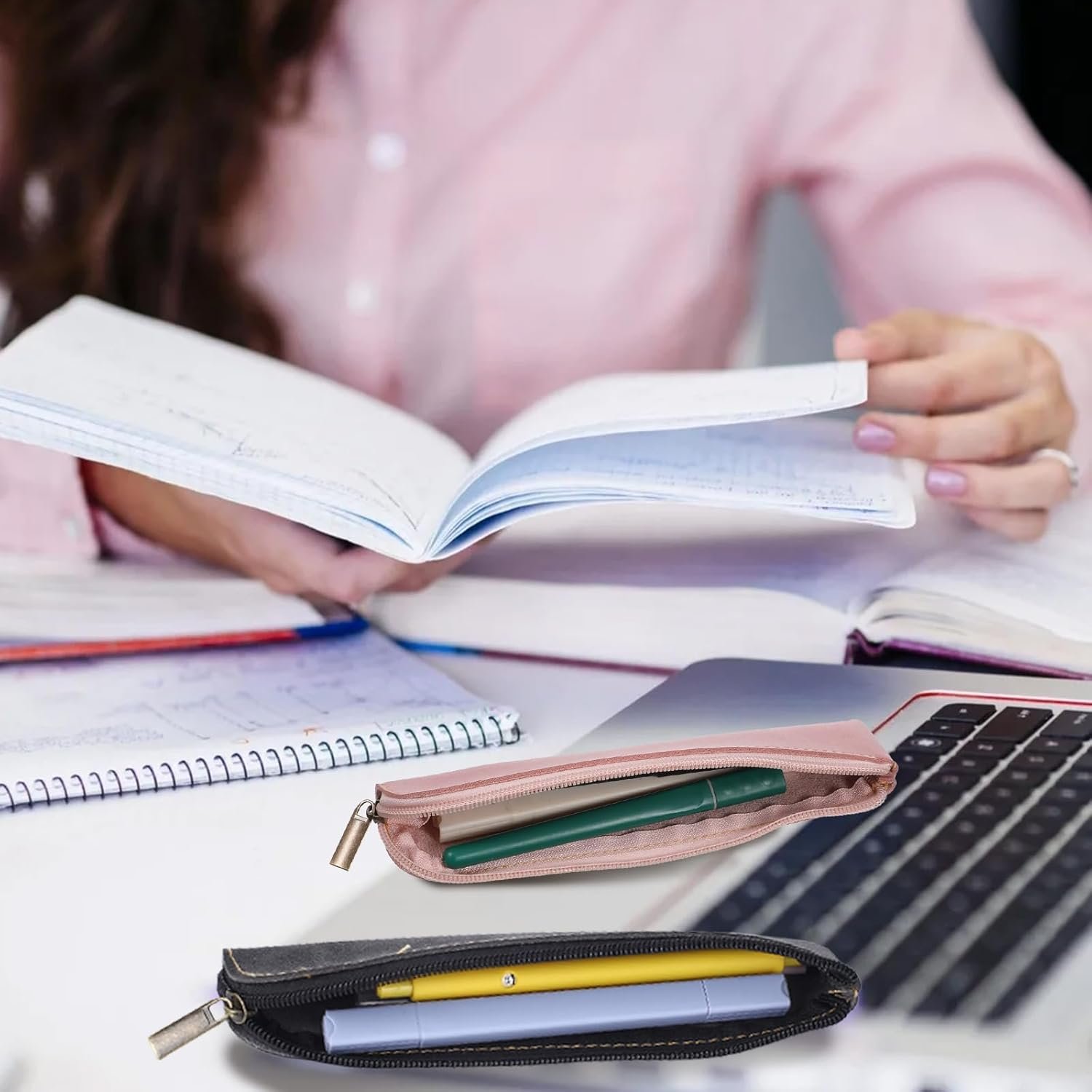 Custom Logo Leather Pencil Pouch 2 Pcs Slim Portable Small Pencil Case Soft Flat Pen Bag with Zipper Private Label Makeup Lipstick Case for Women Men Home Office Travel Manufacturer (Black Pink)