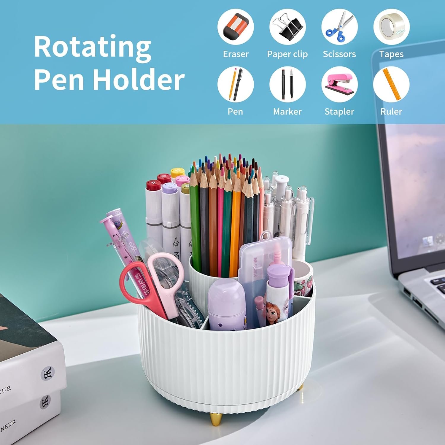 Private Label 360-Degree Rotating Desk Organizer Pen Holder with 5 Compartments Custom Logo Art Supply Storage Caddy for Office Home Supplier White
