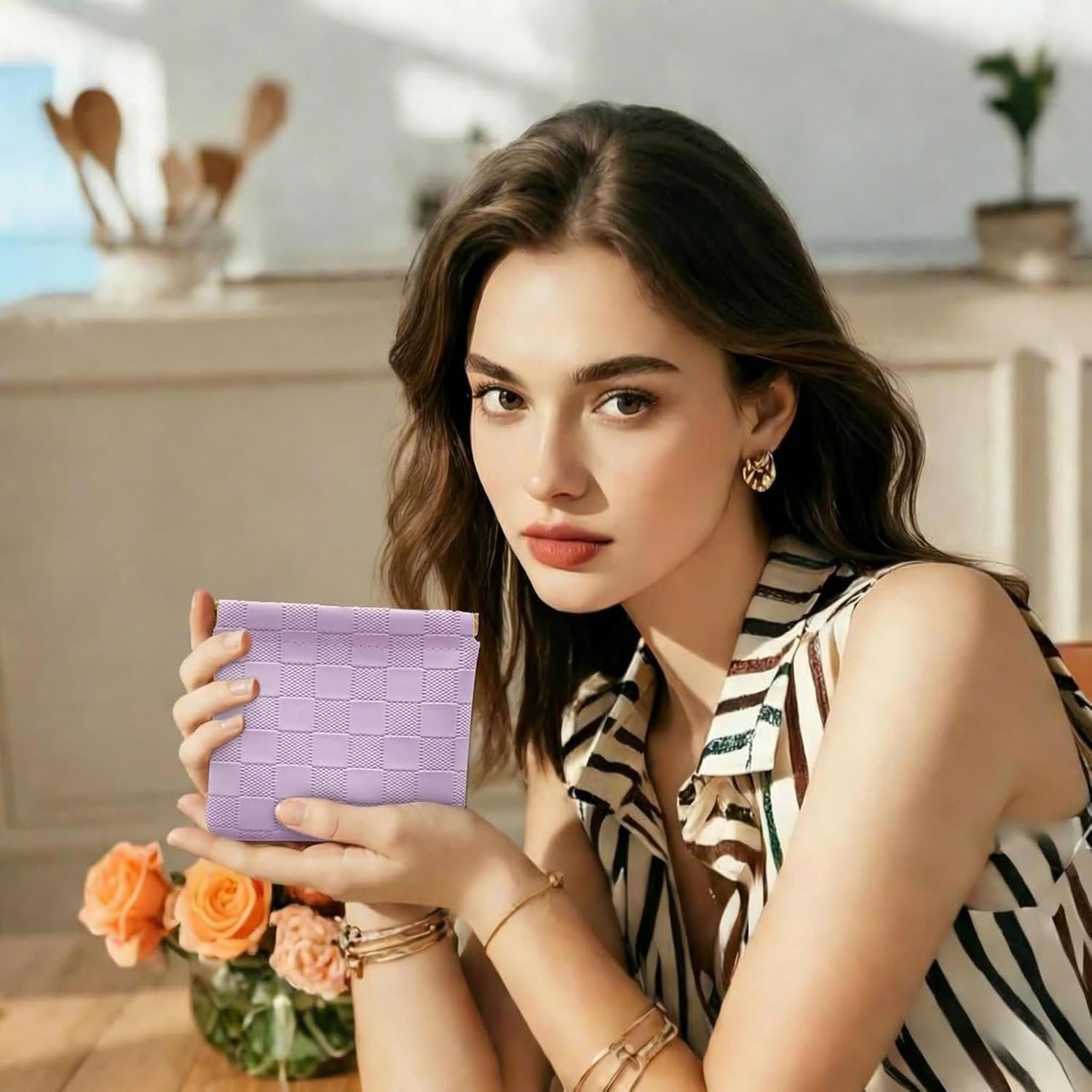 Private Label 4Pcs Small Checkered Leather Makeup Bags for Purse, Custom Logo Mini Purse Pouches and Coin Purse Organizers Manufacturer, Portable No Zipper Cosmetic Bags for Women (Pink, Purple)