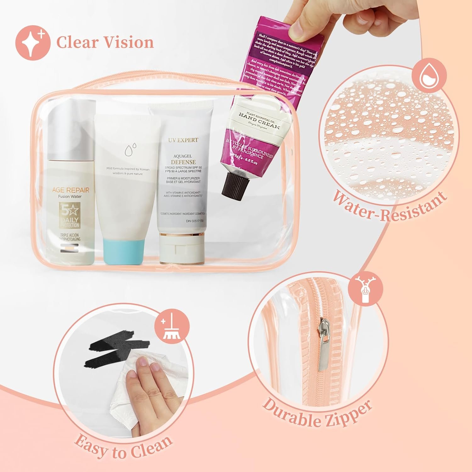 Private Label 12 PCS Custom Logo Clear Makeup Bags with Zipper for Women TSA Approved Toiletry Pouches Bulk Cosmetic for Travel Organizer Orange-pink Medium Supplier