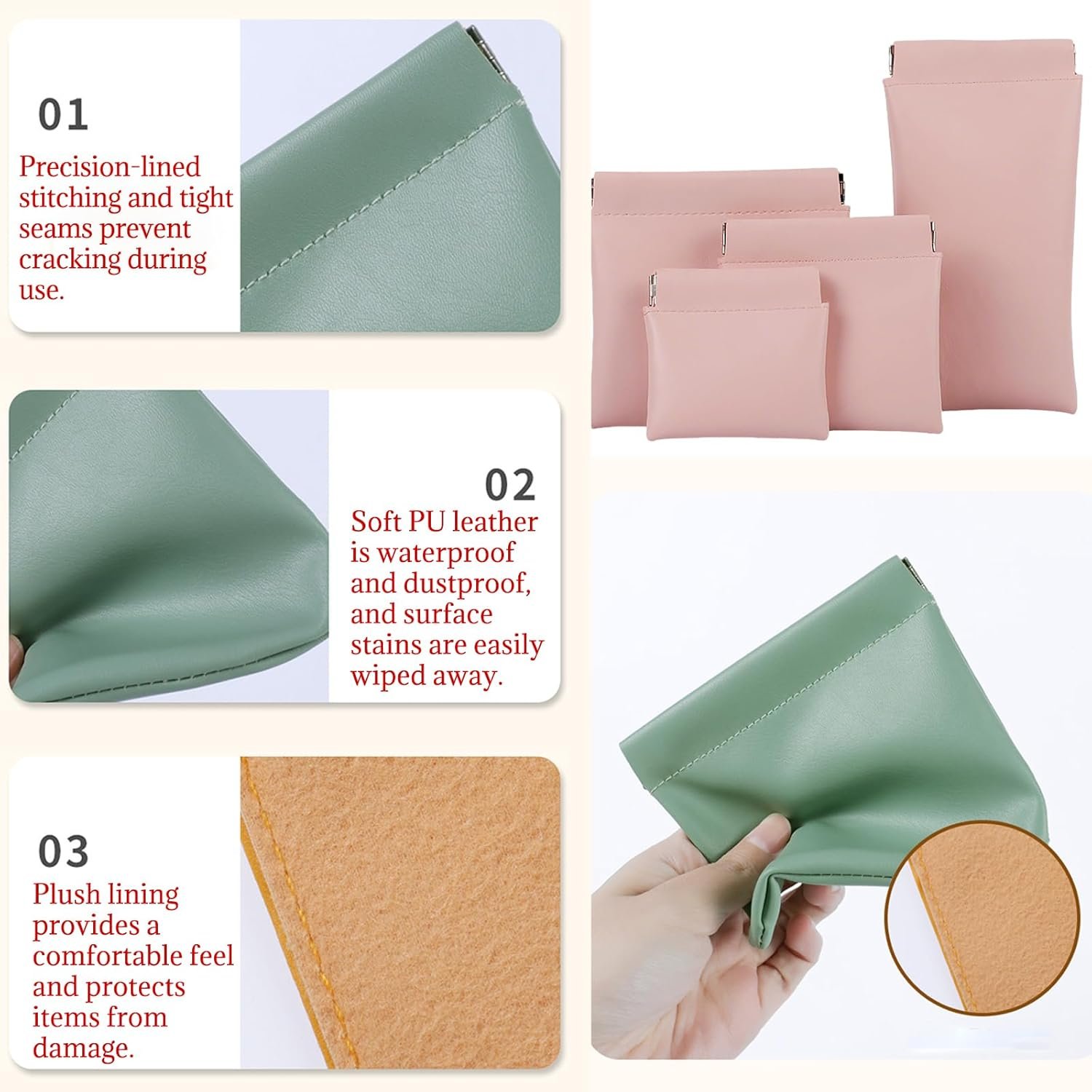 Private Label 4Pcs Pocket Cosmetic Bag Squeeze Coin Purse Pouch with Custom Logo Waterproof Leather Portable Mini Makeup Bag and Travel Toiletry Organizer Manufacturer (Beige)