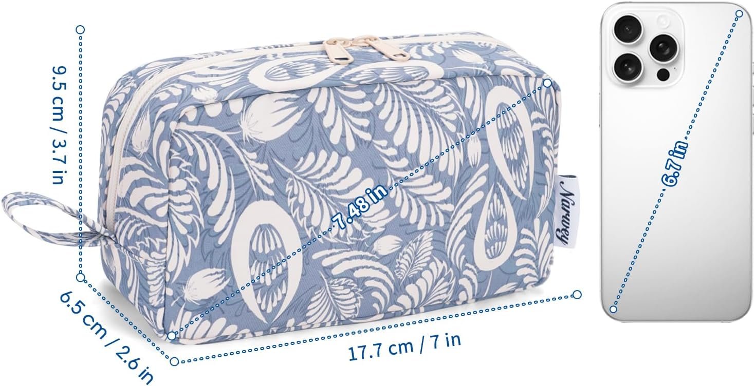 Private Label Mini Makeup Bag with Zipper, Custom Logo Organized Pockets Pouch for Women Manufacturer (Blue Leaf, Small)