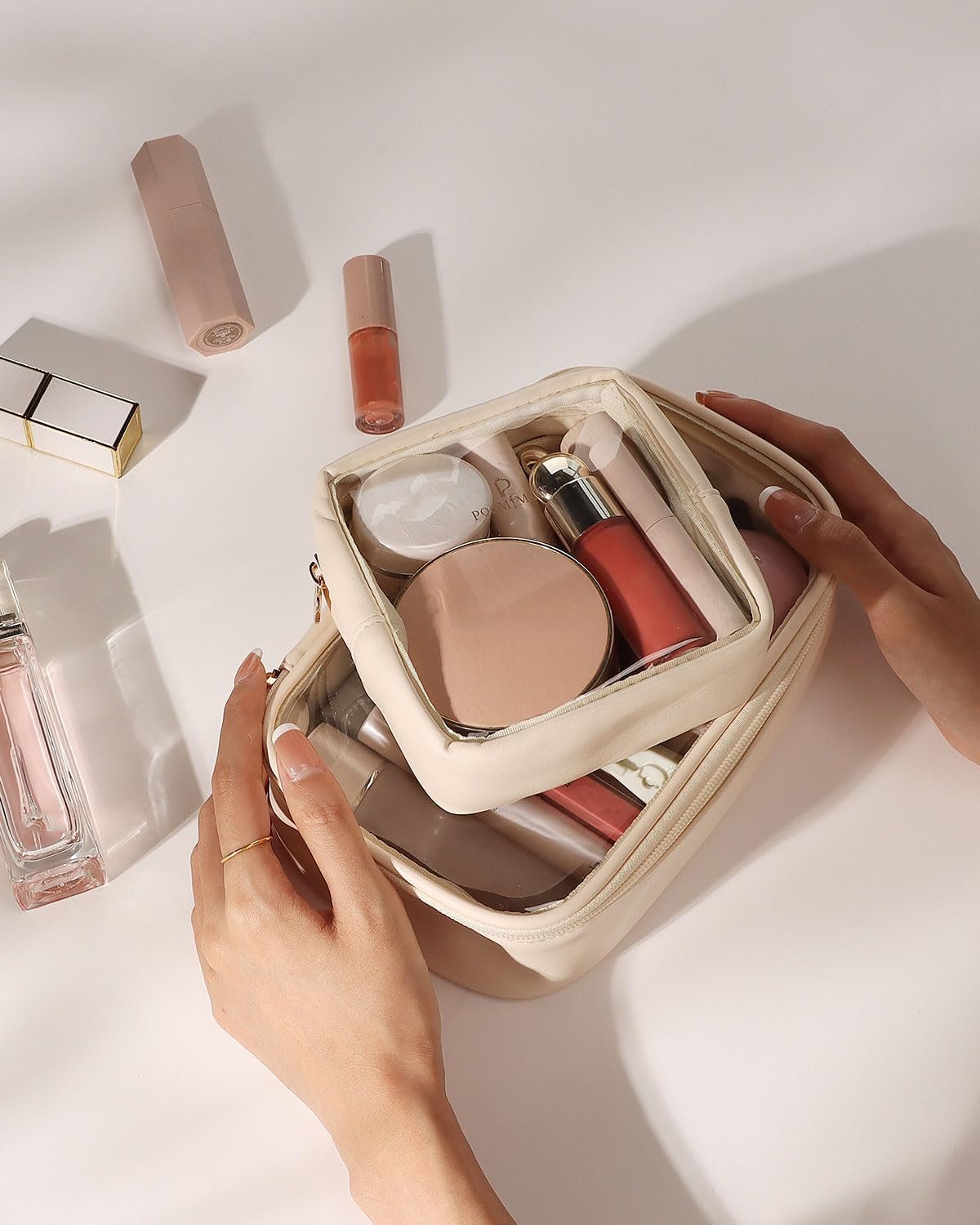 Factory Mini Makeup Bag Private Label Small Cosmetic Travel Essentials Organizer TSA Approved Toiletry Bag Clear Makeup Pouch for Women Beige Custom Logo