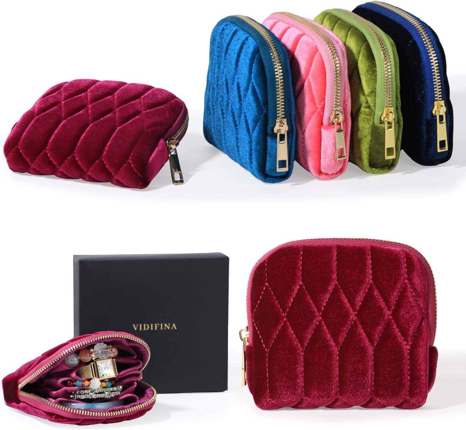 Custom Logo Small Mini 5-Layer Travel Jewelry Zipper Pouch - Private Label Velvet Organizer for Bracelets Rings Earrings Diamond Stitched Rose Purple Manufacturer