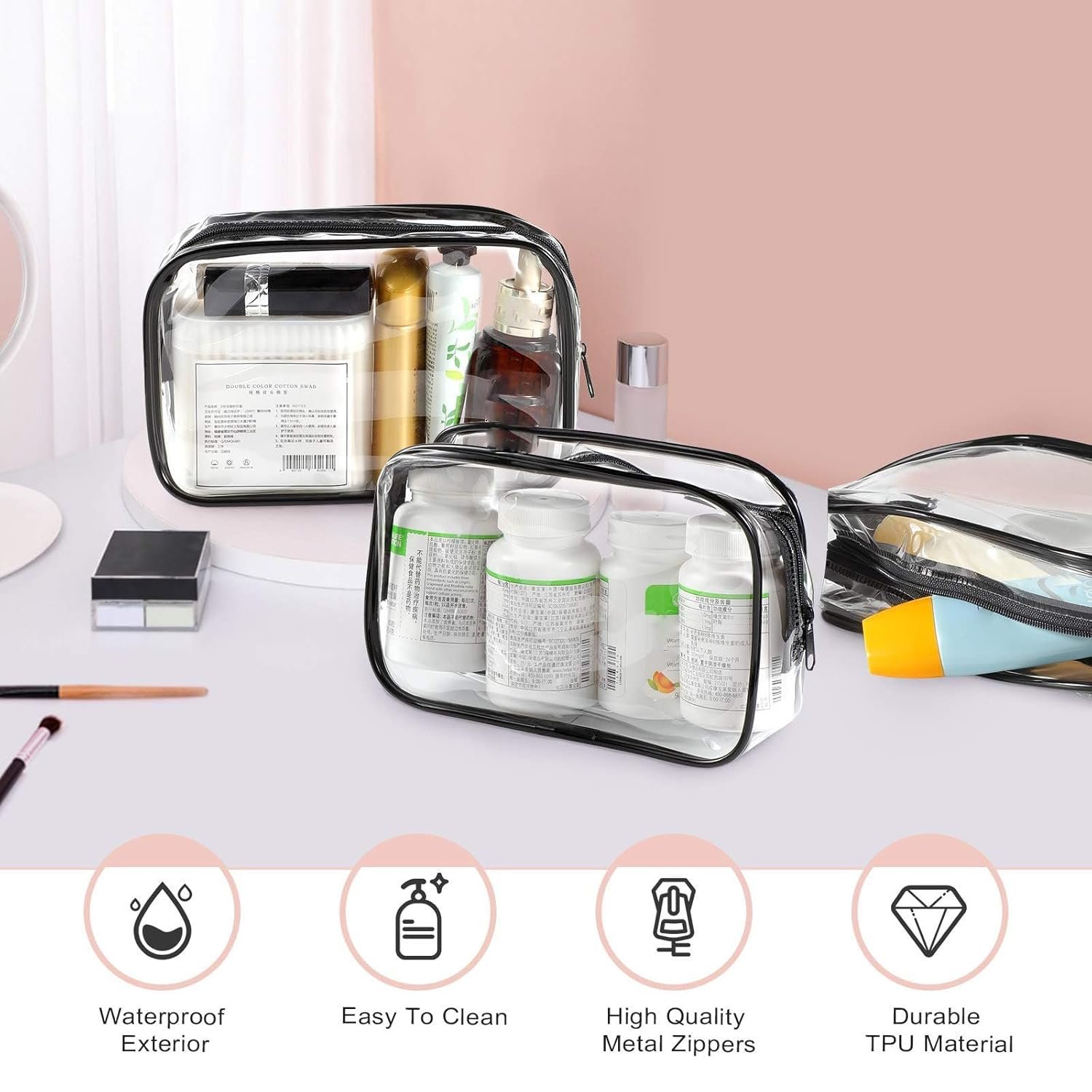 Private Label 12 Pieces Clear PVC Zipper Makeup Bags Cosmetic Storage Pouches Waterproof Travel Toiletries Cases Medium Black with Custom Logo Direct Supplier