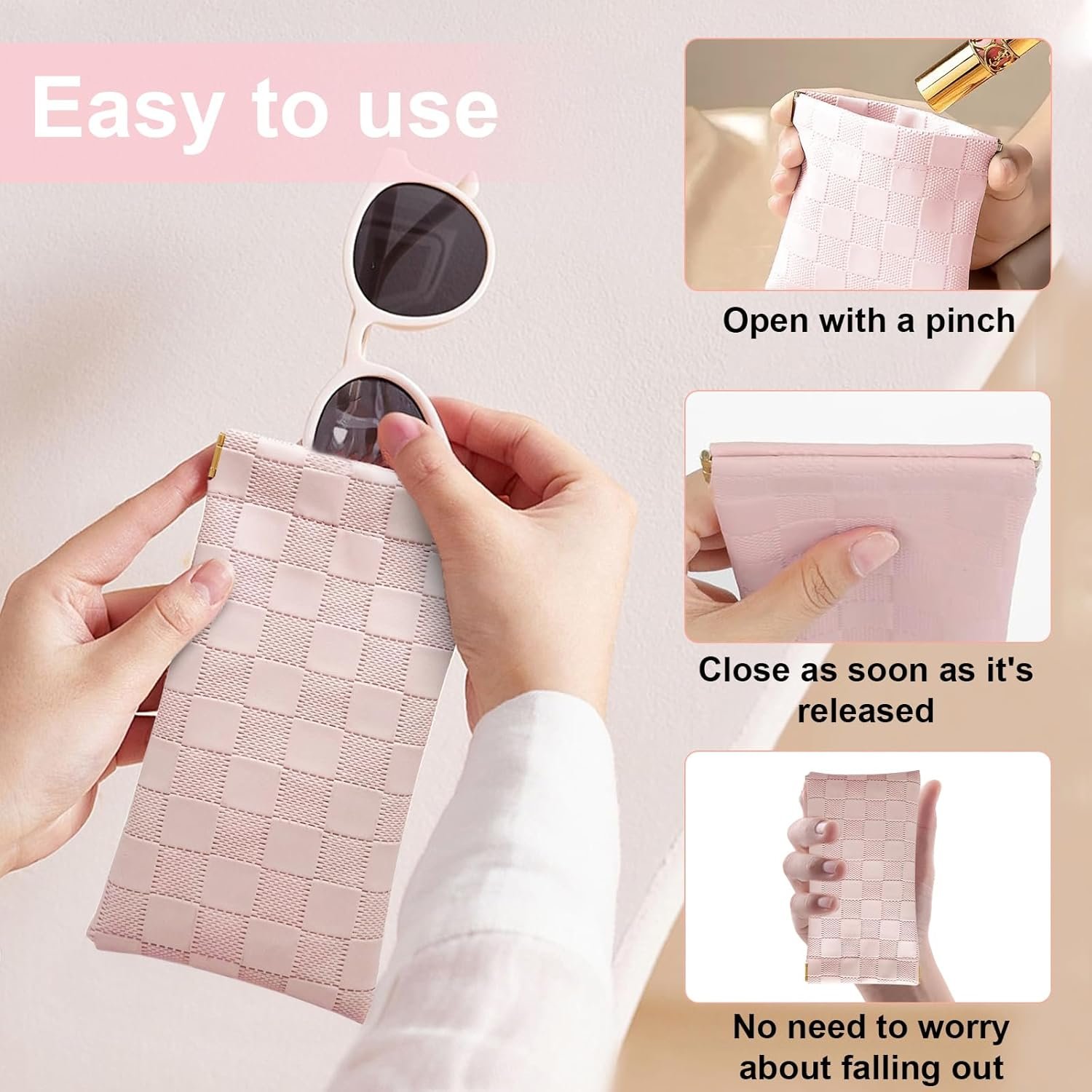 Private Label 4PCS Small Makeup Bag for Purse Mini Leather Pocket Cosmetic Bag for Women Custom Logo Waterproof Portable Makeup Pouch No Zipper Coin Purse Lipstick Bag Accessories Checkered Travel Storage Bag Manufacturer White Pink