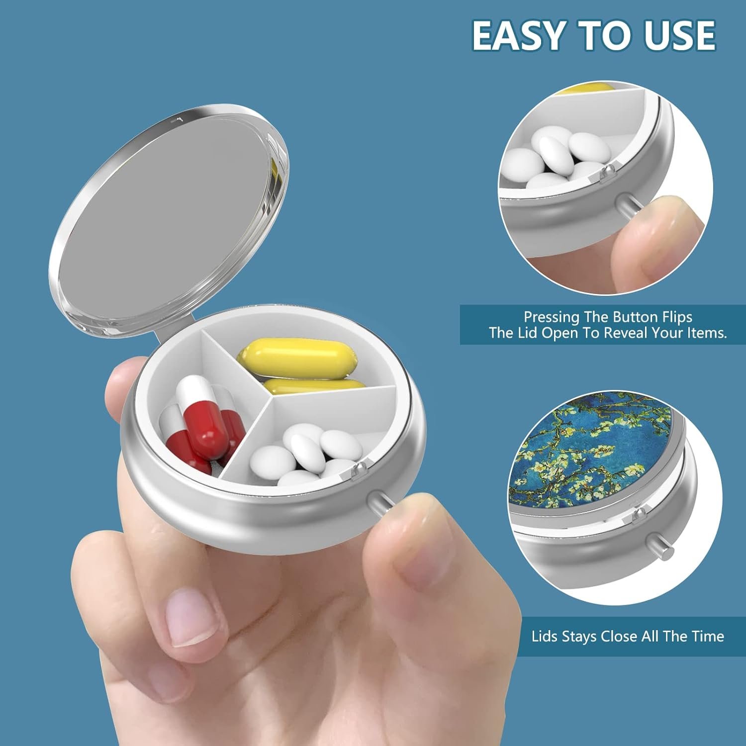 Private Label 3 Compartment Small Portable Pill Box for Pocket Purse Custom Logo Pill Organizer Vitamins Medication Fish Oil Supplements Colorful Mandala Manufacturer