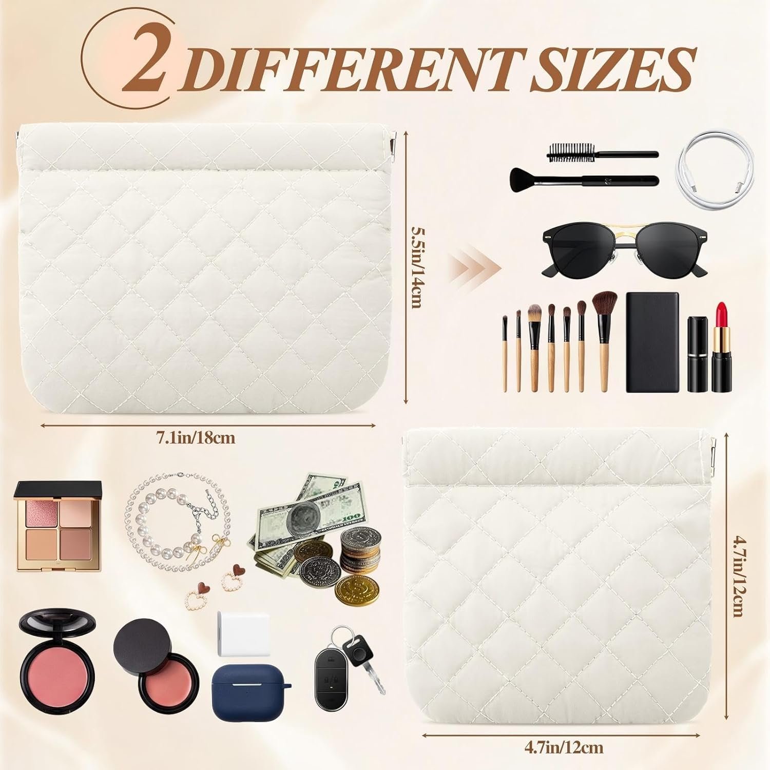 Manufacturer 2 Pcs Small Puffy Pocket Makeup Bag Quilted Cosmetic Bag Organizer for Women Custom Logo Padded Squeeze Coin Lipstick Purse Pouch Travel Self-Closing Snap Closure No Zipper Private Label White