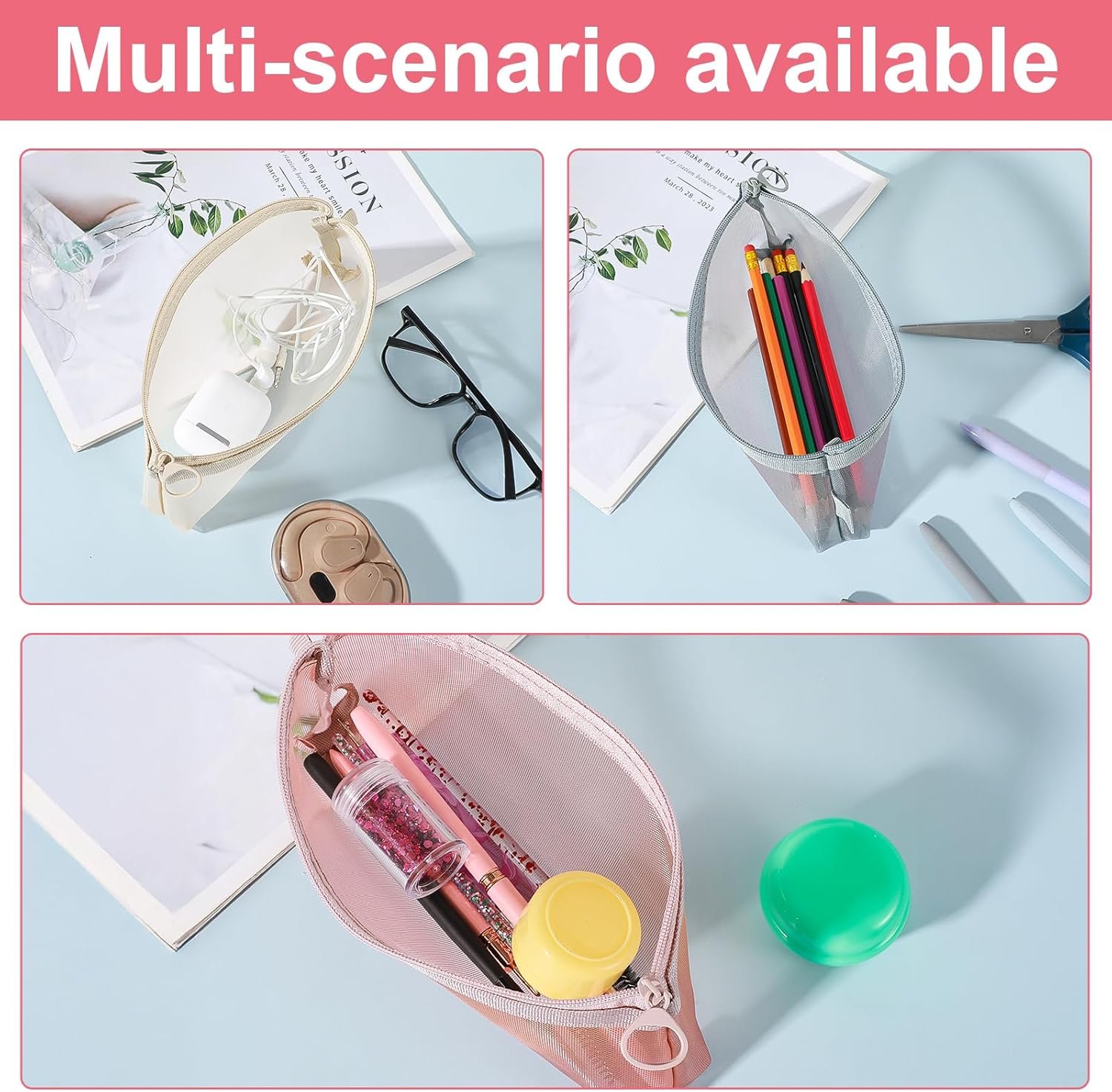 Custom Logo 4PCS Small Clear Triangle Mesh Makeup Brush Bags, Private Label Portable Transparent Cosmetic Organizer Pouch with Zipper for Home Office Cosmetics Travel Accessories Supplier