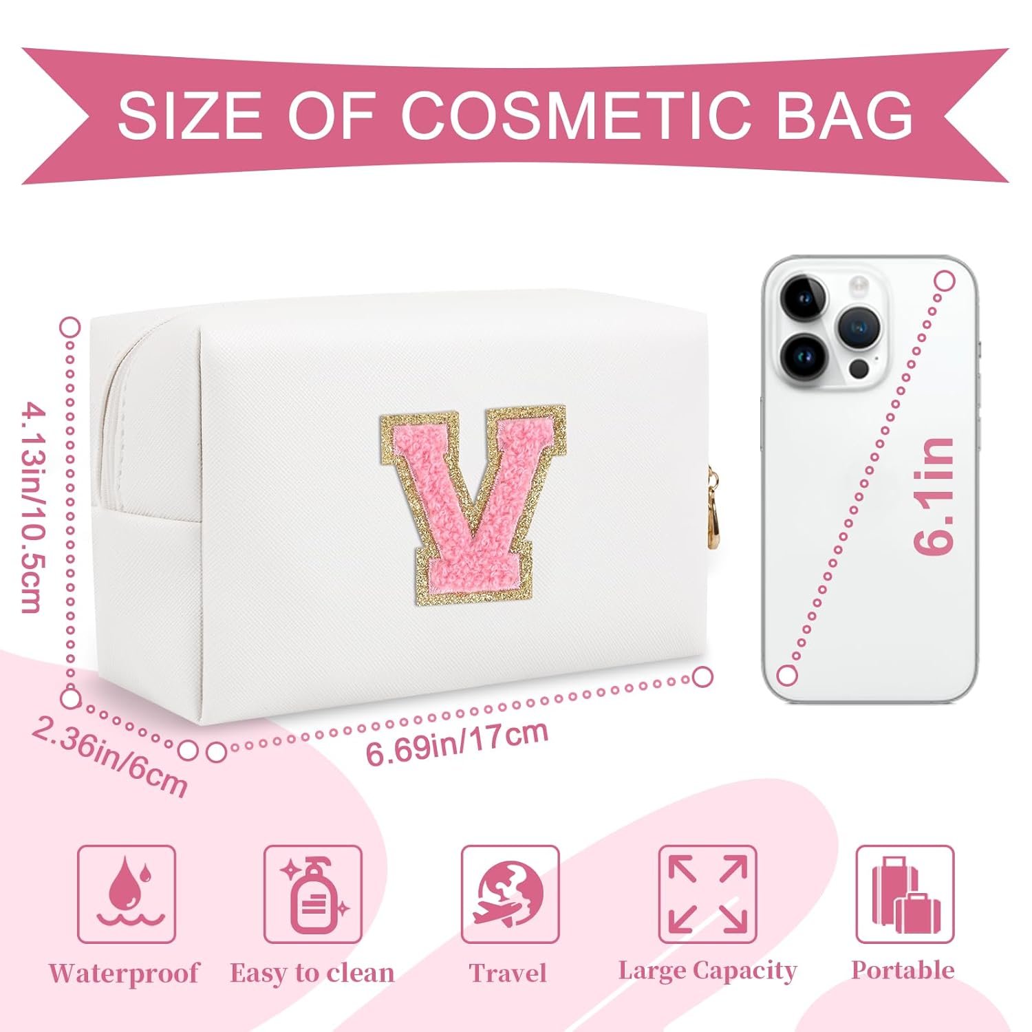 Private Label Personalized Initial A-Z Letter V Preppy Patch Makeup Bag with Custom Logo Small PU Leather Zipper Travel Cosmetic Pouch White Toiletry Manufacturer