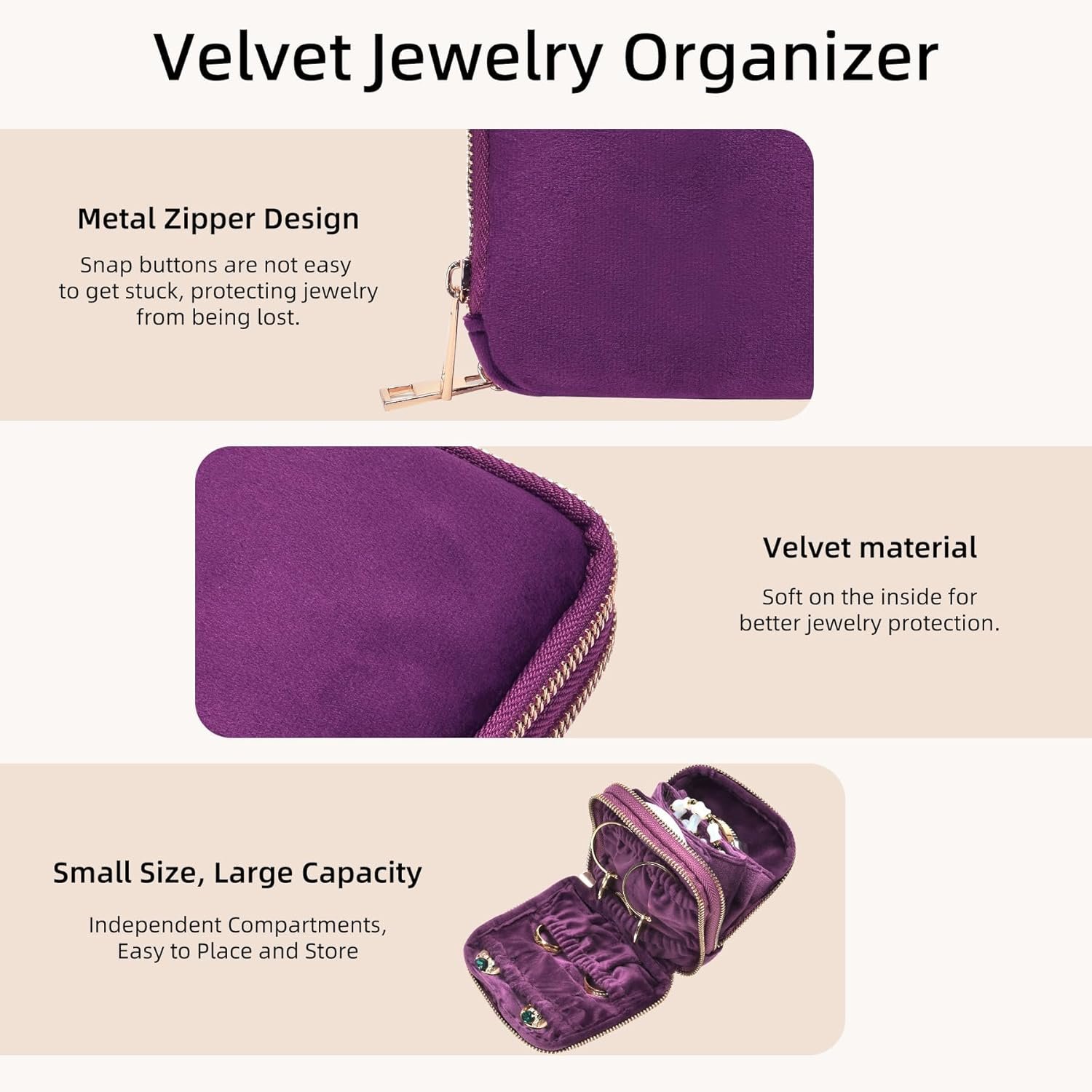 Private Label Travel Jewelry Case Manufacturer 13-Pocket Portable Organizer Pouch Soft Velvet for Necklaces Bracelets Earrings Rings Mini Bag Smooth Double Metal Zipper Gifts for Women Custom Logo Purple