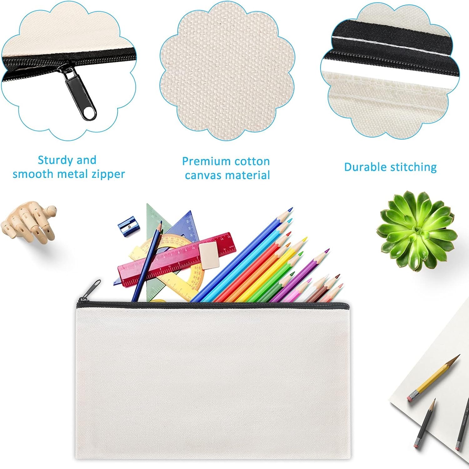 Custom Logo 12 Pieces Black Cotton Canvas Makeup Bags Private Label Multipurpose Zipper Travel Toiletry Pouches Blank DIY Craft Manufacturer (Black, M)