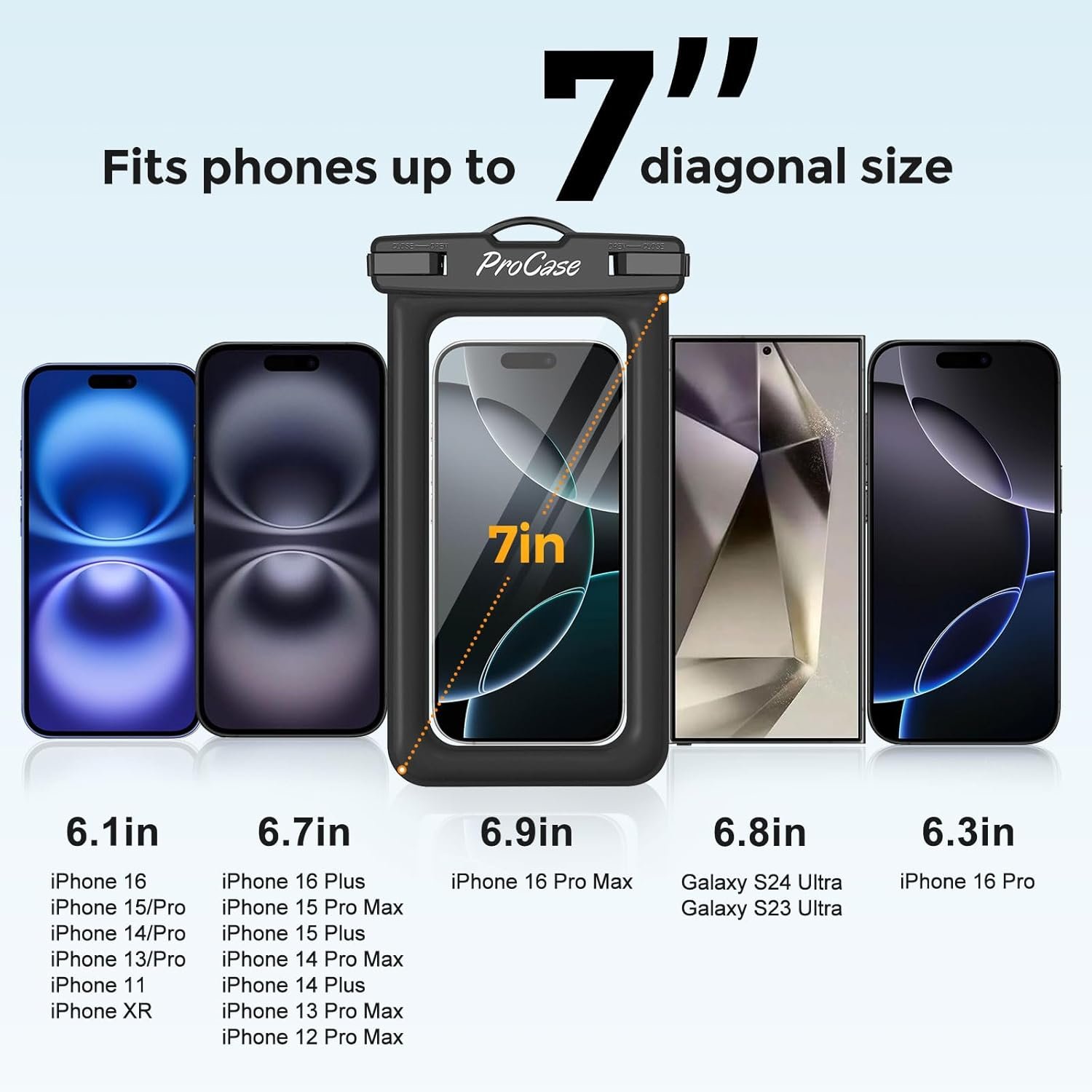 Private Label 2 Pack Floating Waterproof Phone Pouch IPX8 Universal Dry Bag with Custom Logo Fits iPhone 17/16/15/14/13 Series Galaxy S24/S23/S22 Pixel 8/7 (Up to 7”) Touchscreen Underwater Snow Protection Manufacturer Black