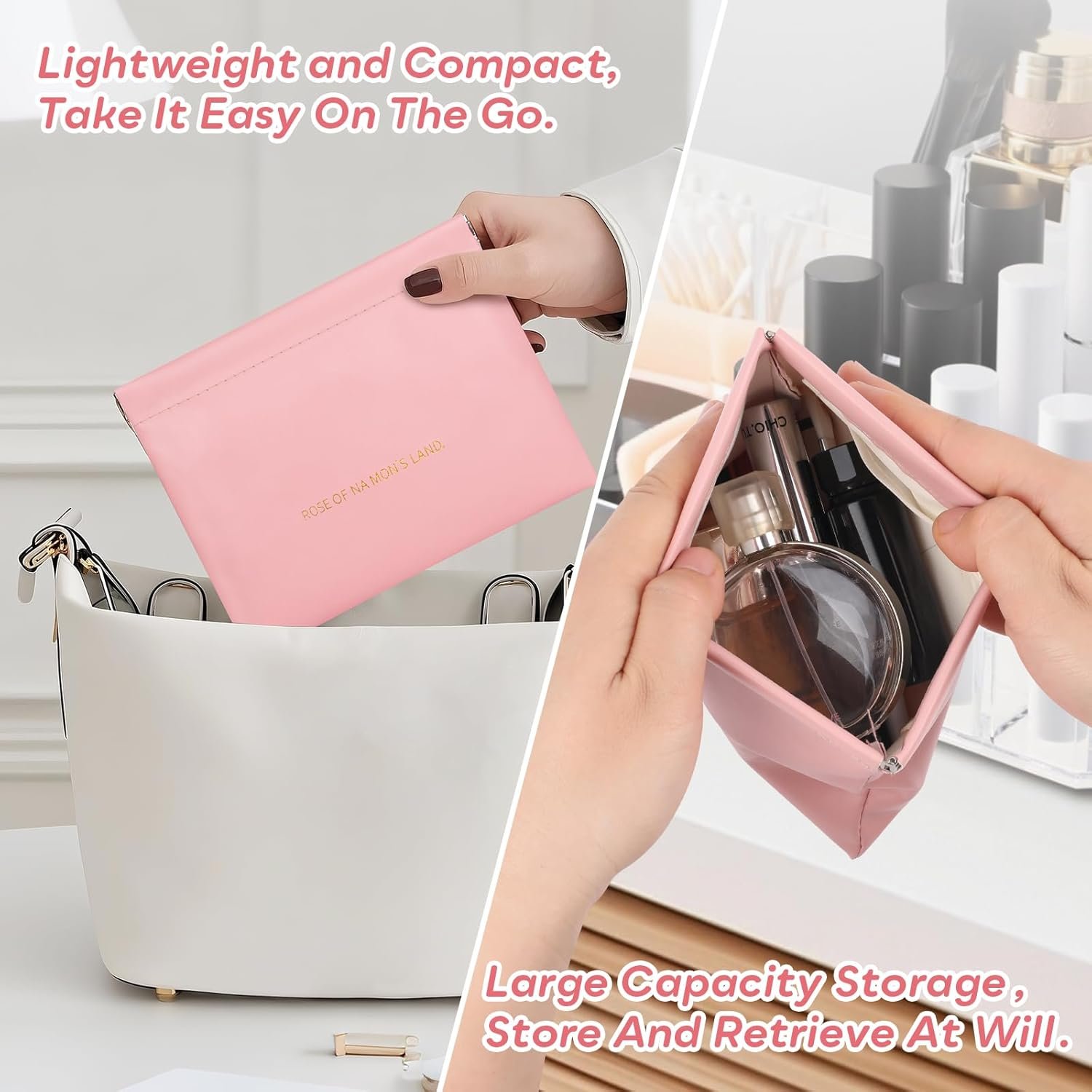 Custom Logo Makeup Bag for Purse PU Leather Large & Small Makeup Pouch Set Portable Cosmetic Bags Waterproof Squeeze Top Coin Purse Private Label Travel Organizer for Makeup Lipstick Jewelry Earbuds Pink Supplier