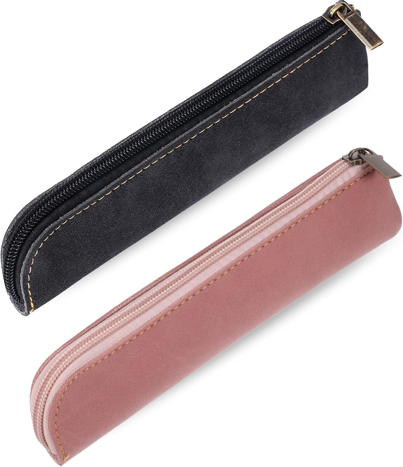 Custom Logo Leather Pencil Pouch 2 Pcs Slim Portable Small Pencil Case Soft Flat Pen Bag with Zipper Private Label Makeup Lipstick Case for Women Men Home Office Travel Manufacturer (Black Pink)